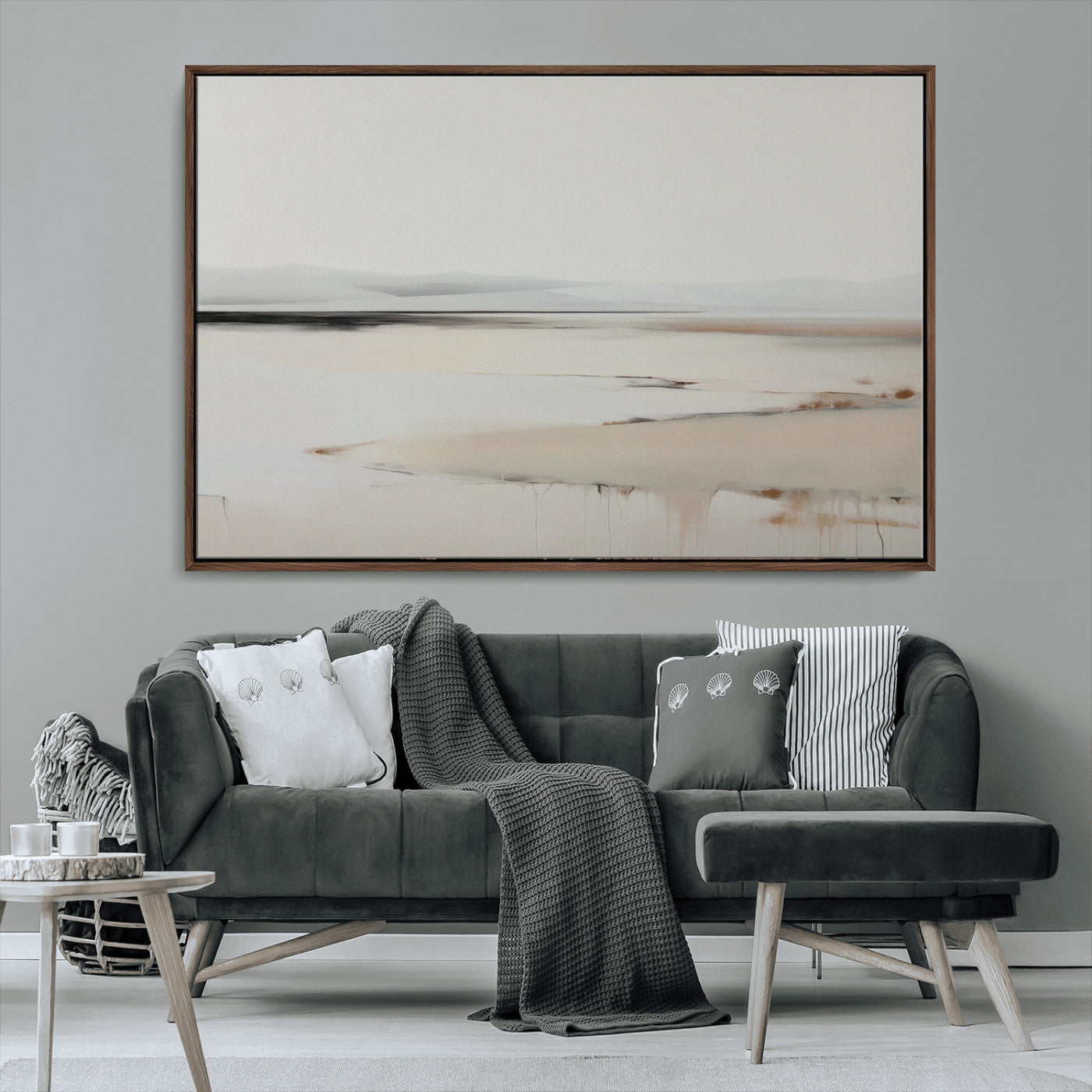 89410095-MGV-CV-36X24-Minimalist Landscape Wall Art Canvas Print – Framed Soft Horizon Abstract Seascape Earthy Tones Artwork for Home Office