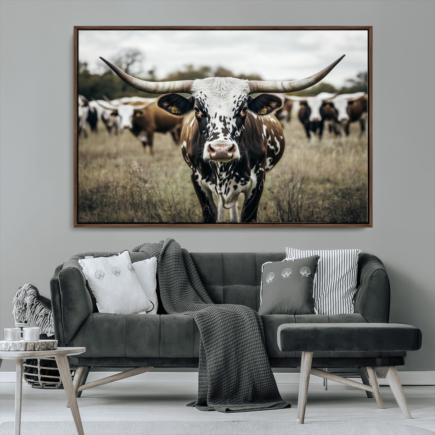 MGV-FC-36X24 - Majestic Longhorn Cow Wall Art – Canvas Print of Intricate Fur & Sharp Horns Earthy Tones Serene Landscape, Rustic Charm Decor for Living Room, Office or Bedroom