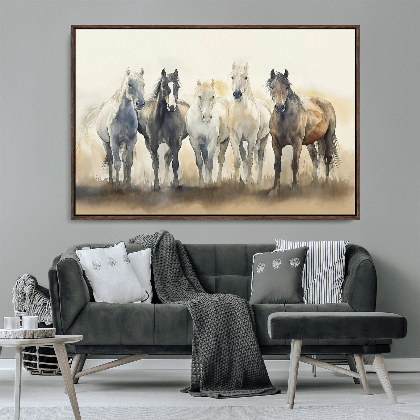MGV-FC-36X24 - Wild Horses Wall Art Canvas Print, Framed Running Horses Art Picture Print, Watercolor Horses Perfect Rustic Western Decor Artwork