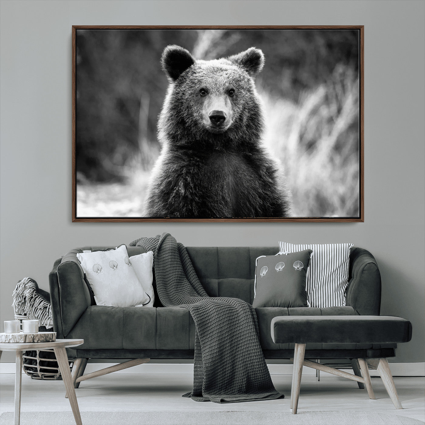 55656803-MGV-CV-36X24-Grizzly Bear Wall Art Canvas Print – Framed Black White Wildlife Rustic Nature Artwork for Home, Office Decor