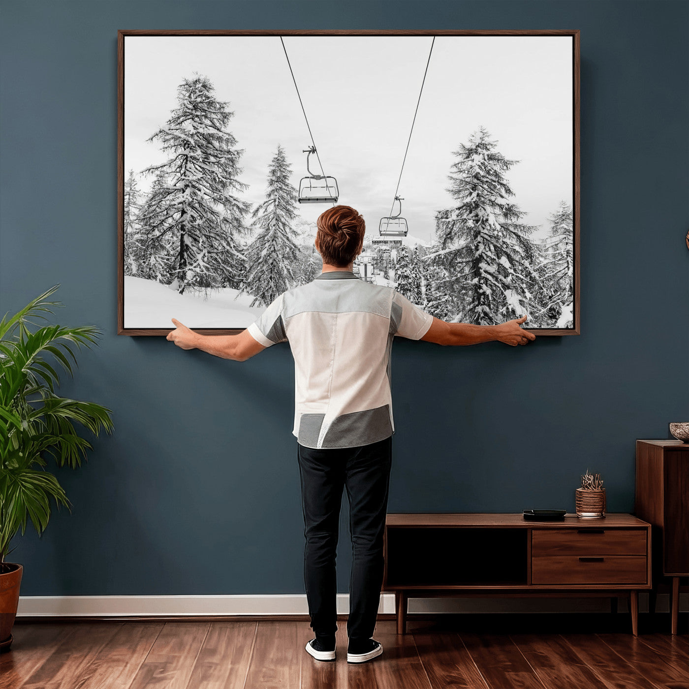 55003599-MGV-CV-36X24 - Snowy Ski Lift Wall Art – Framed Winter Forest Canvas Artwork, Peaceful Mountain Design, Modern Nature Decor for Home, Office
