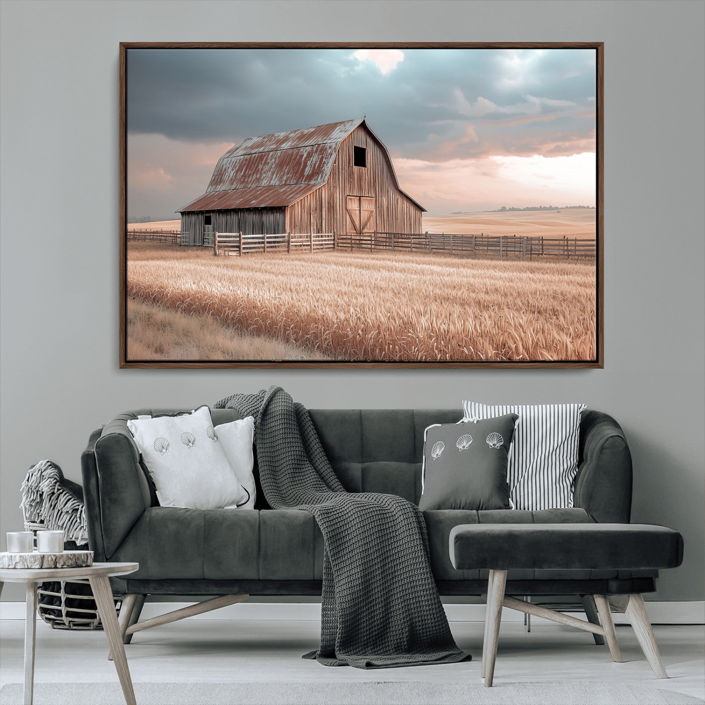 36878364-MGV-FC-36X24_Walnut-Rustic Barn Wall Art Canvas Print – Framed Wheat Field Scene with Sunset Barn Artwork for Home, Office, Living Room