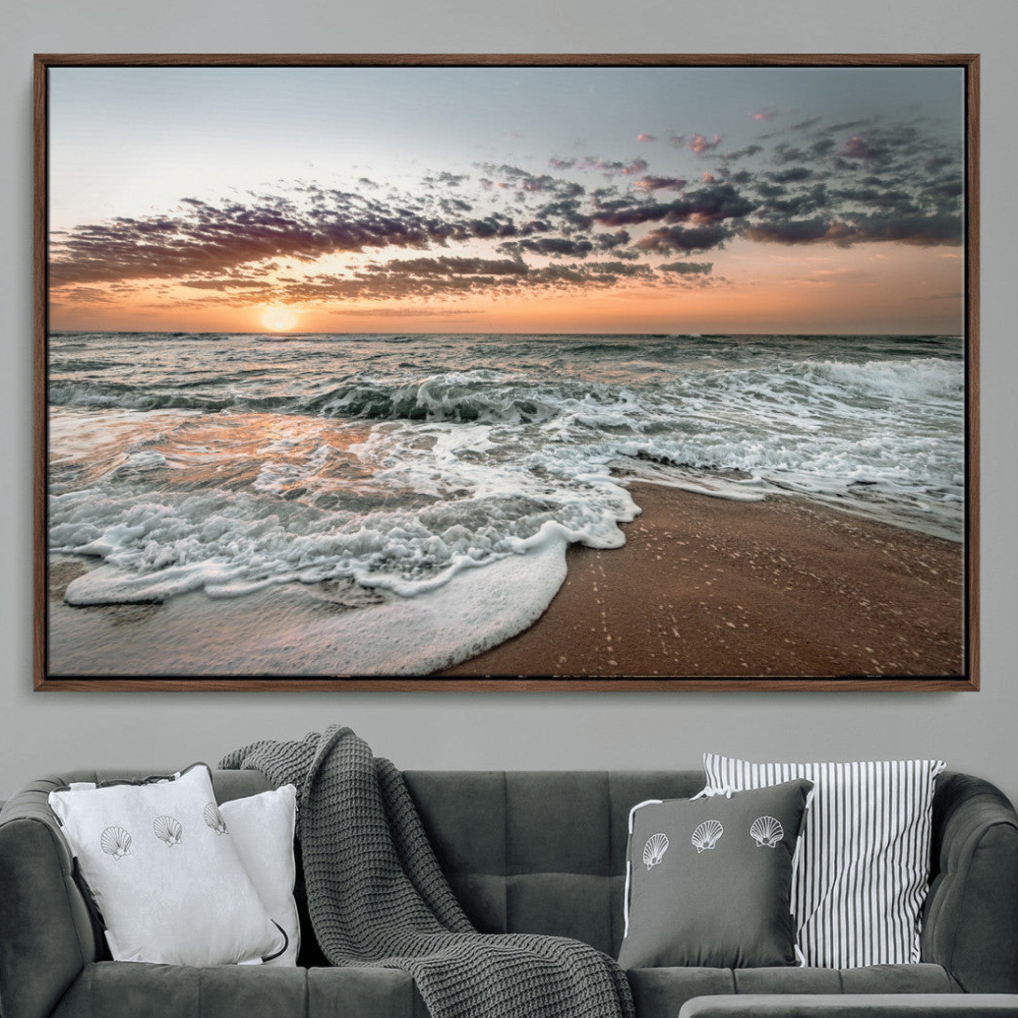 40632752-MGV-CV-36X24-Ocean Sunset Wall Art Canvas Print – Framed Beach Waves Scene with Coastal Artwork for Home, Office, Living Room