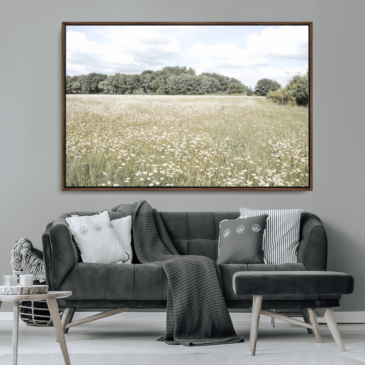 43258946-MGV-CV-36X24-Charming Daisy Field Wall Art Canvas Print – Framed Pastel Flower Meadow Bloom Scandinavian Minimal Artwork for Home Office