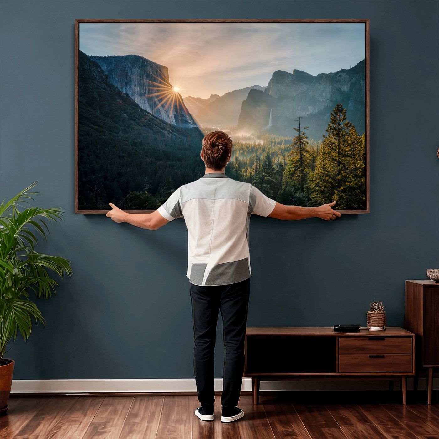 51605481-MGV-CV-36X24 - Yosemite Valley Wall Art – Misty Forest Peaks Canvas Print, Radiant Light, Tranquil Nature Landscape for Living Room or Cabin Decor