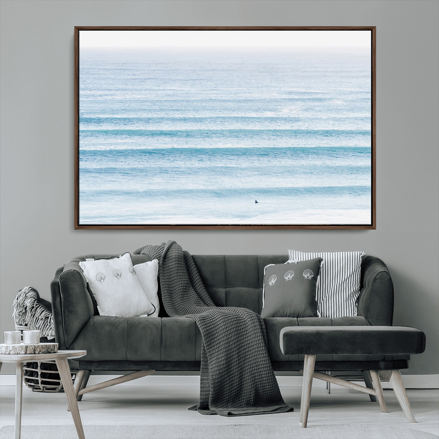 77145995-MGV-CV-36X24-Ocean Wave Surfer Wall Art – Framed Minimal Seascape Canvas Artwork, Calm Blue Water Design, Coastal Decor for Home, Office