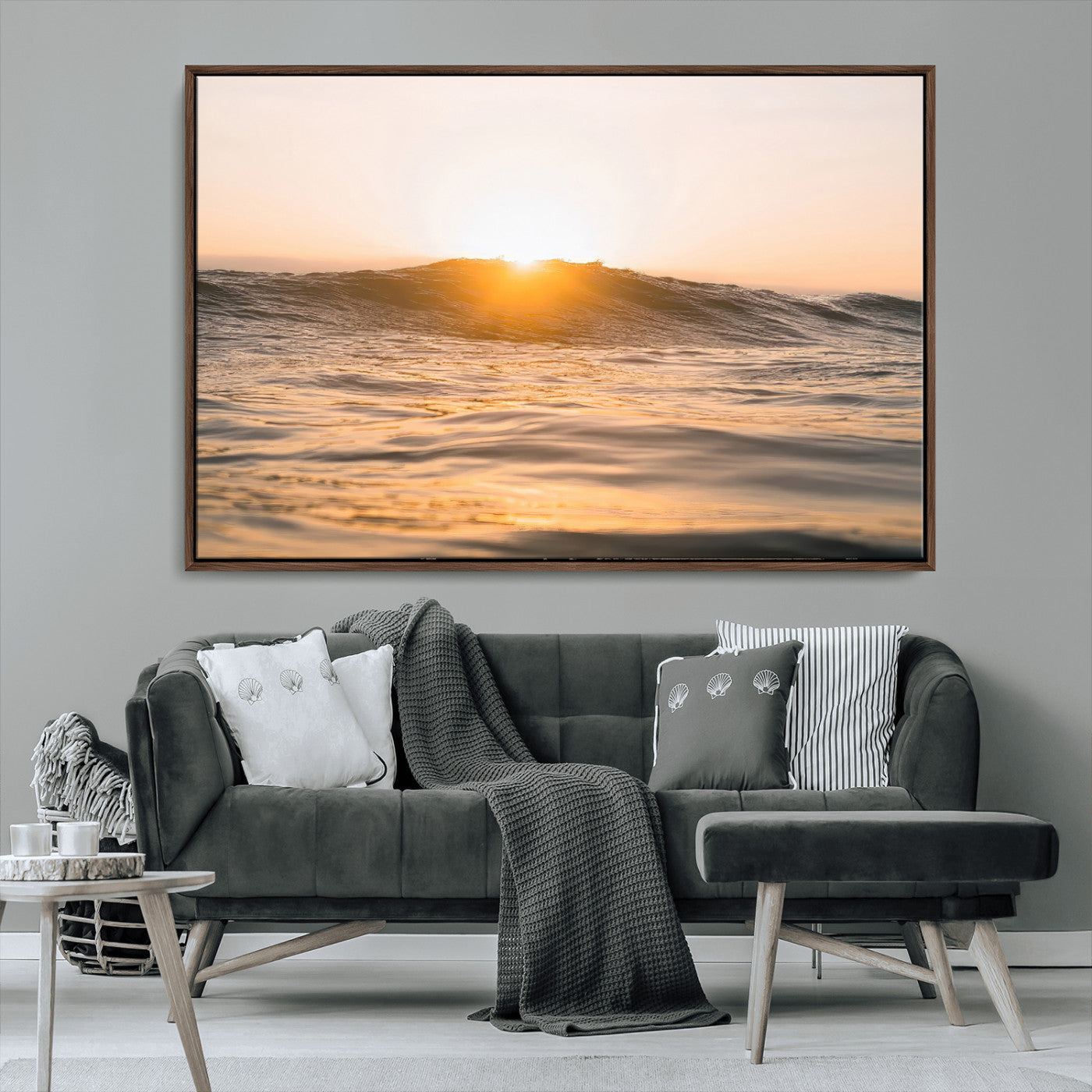 16973771-MGV-CV-36X24-Calm Water Wall Art – Framed Sunset Waves Canvas Artwork, Coastal Warm Design, Minimal Ocean Decor for Home, Office