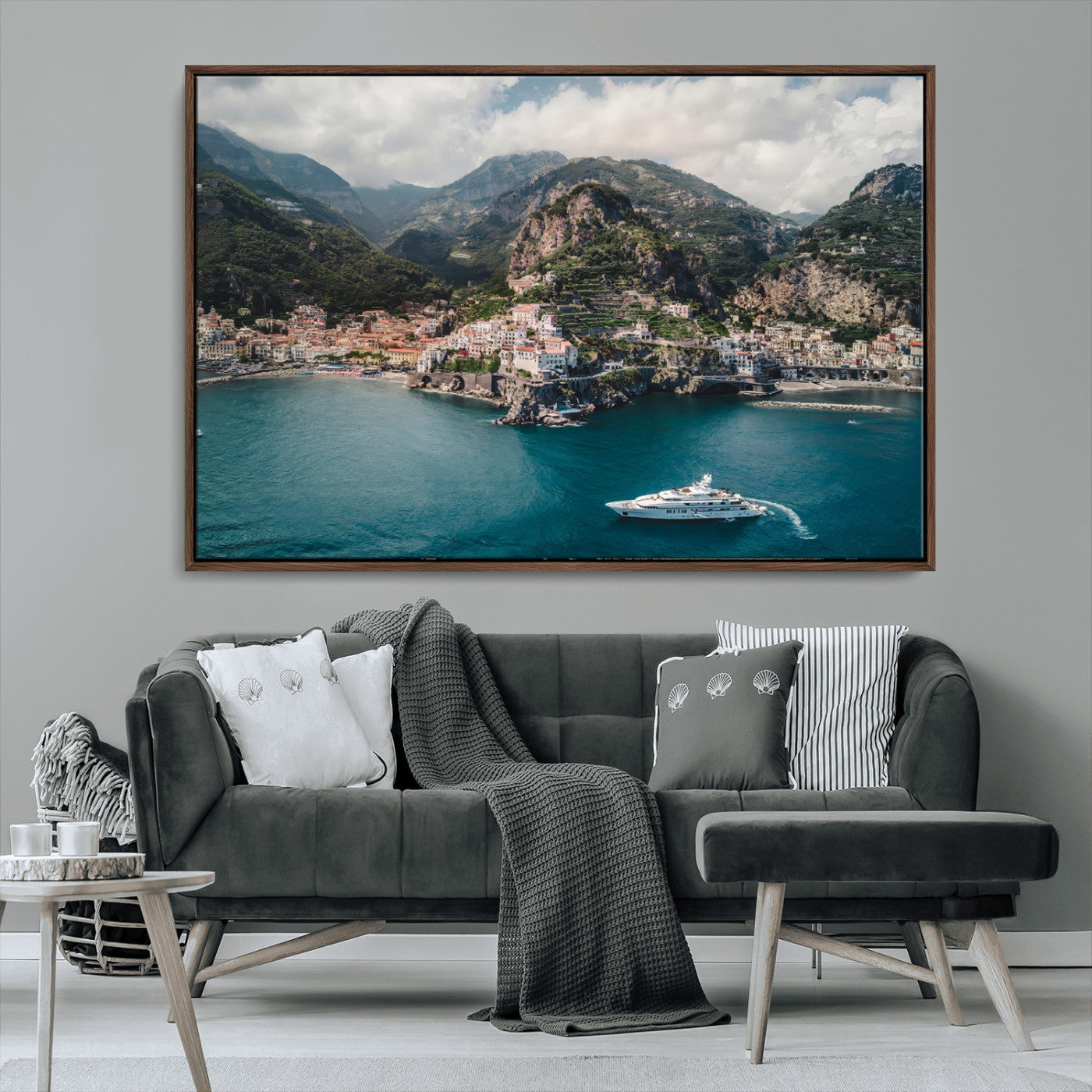 20321590-MGV-CV-36X24-Amalfi Coast Wall Art – Framed Italian Seaside Canvas Artwork, Mediterranean Landscape Design, Coastal Decor for Home, Office