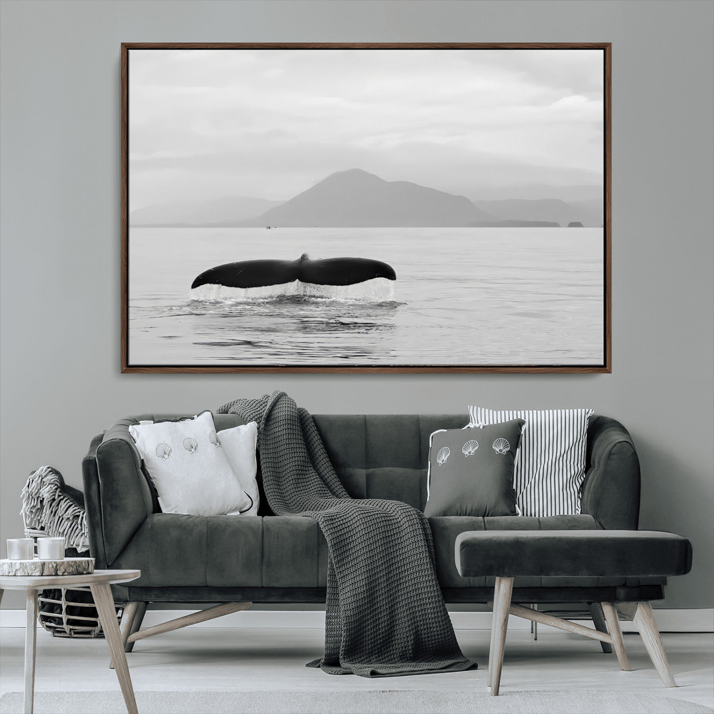 MGV-FC-36X24 - Whale Tail Wall Art Canvas Print, Framed Black White Ocean Art Picture Print, Calm Marine Perfect Minimalist Coastal Decor Artwork