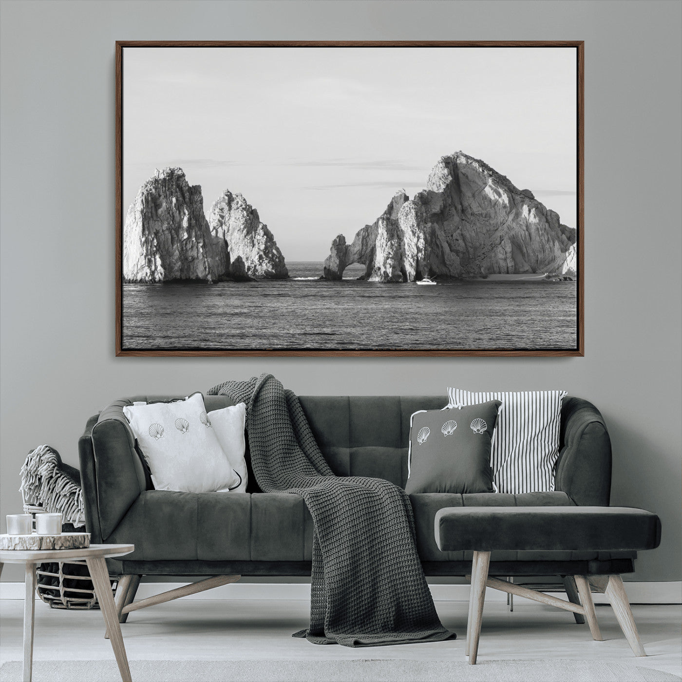 MGV-FC-36X24 - Rugged Coastline Wall Art Canvas Print, Framed Ocean Cliffs Art Picture Print, Monochrome Seascape Perfect Coastal Minimalist Decor Artwork