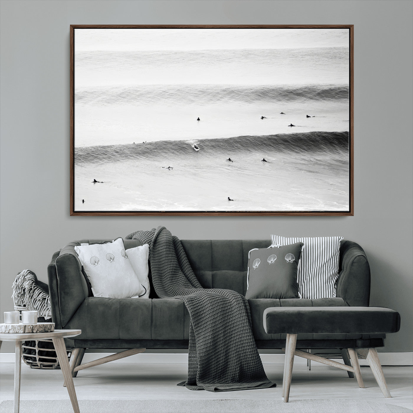 54291445-MGV-FC-36X24_Walnut-Black White Ocean Wall Art Canvas Print – Framed Coastal Sport Scene with Ocean Culture Artwork for Home, Office