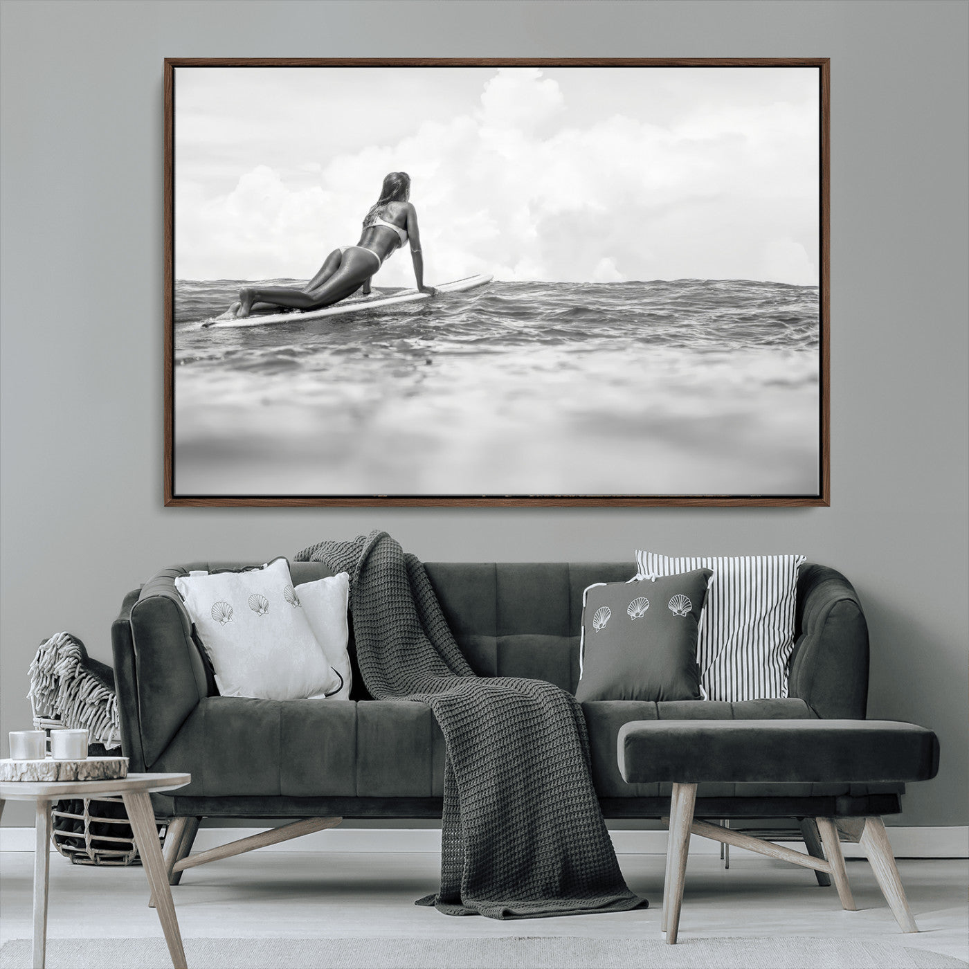 69798068-MGV-FC-36X24_Walnut-Black and White Surfing Wall Art Canvas Print – Framed Ocean Horizon with Surfer Girl Coastal Adventure Artwork for Home, Office
