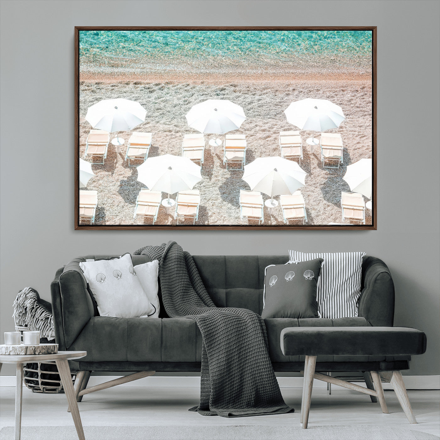 MGV-FC-36X24 - Calm Beach Wall Art Canvas Print, Framed Turquoise Water Art Picture Print, Umbrella Shoreline Perfect Coastal Minimalist Decor Artwork