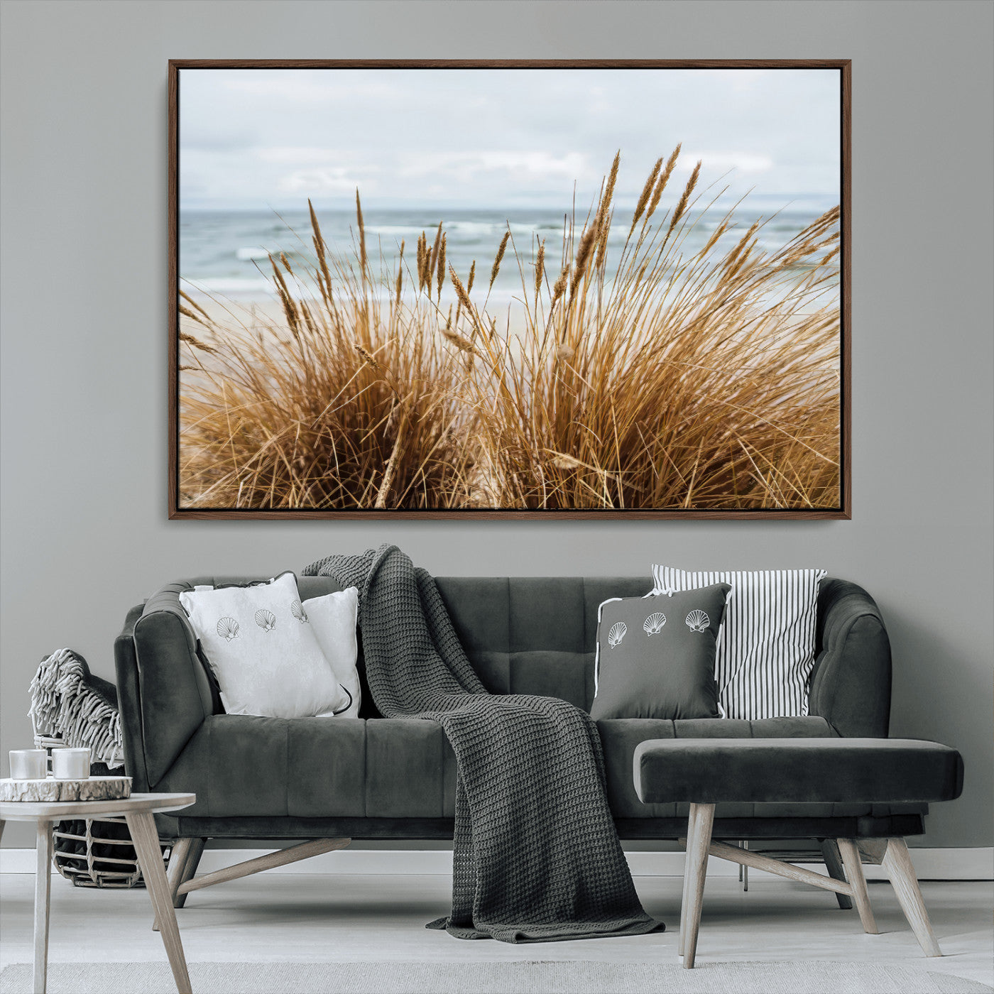 14270839-MGV-CV-36X24-Beach Grass Wall Art – Framed Coastal Dunes Canvas Artwork, Minimal Seaside Design, Modern Coastal Decor for Home, Office