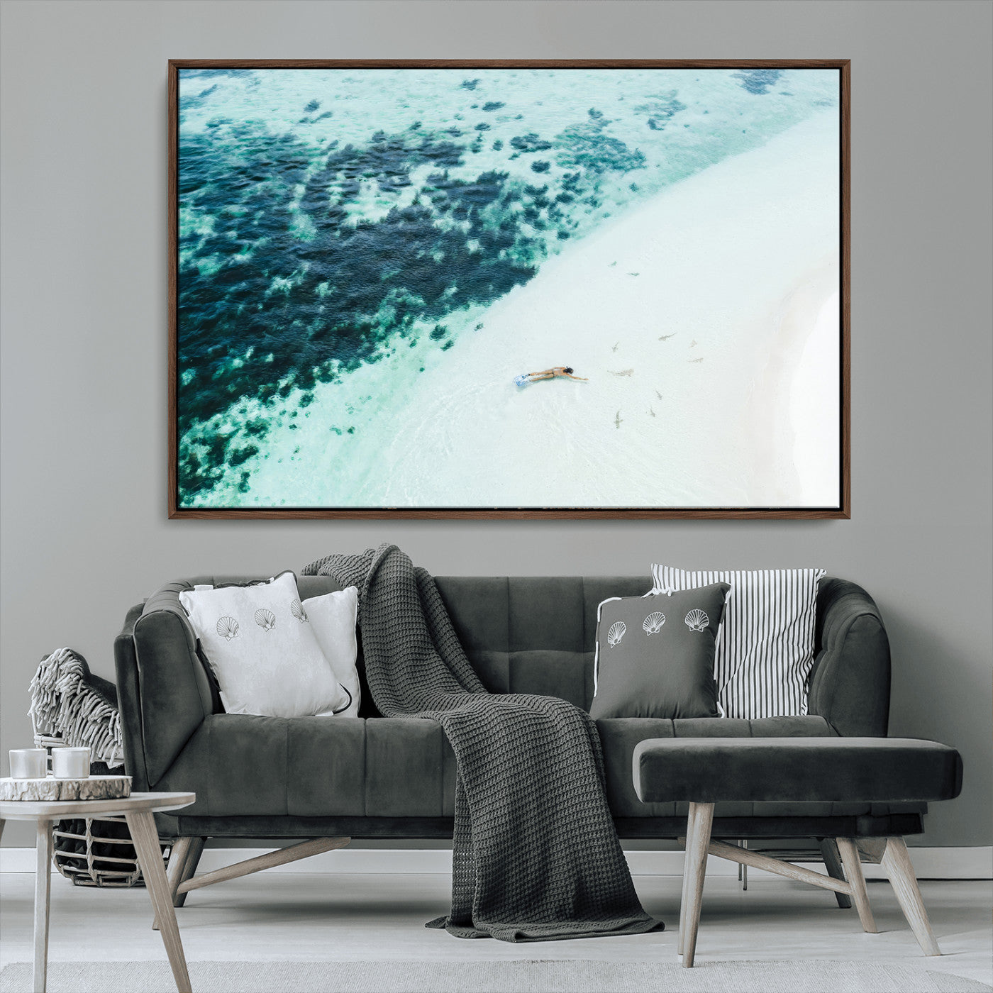 33764764-MGV-CV-36X24-Minimal Beach Wall Art – Framed Ocean Swimming Canvas Artwork, Clear Blue Sea Design, Modern Coastal Decor for Home, Office