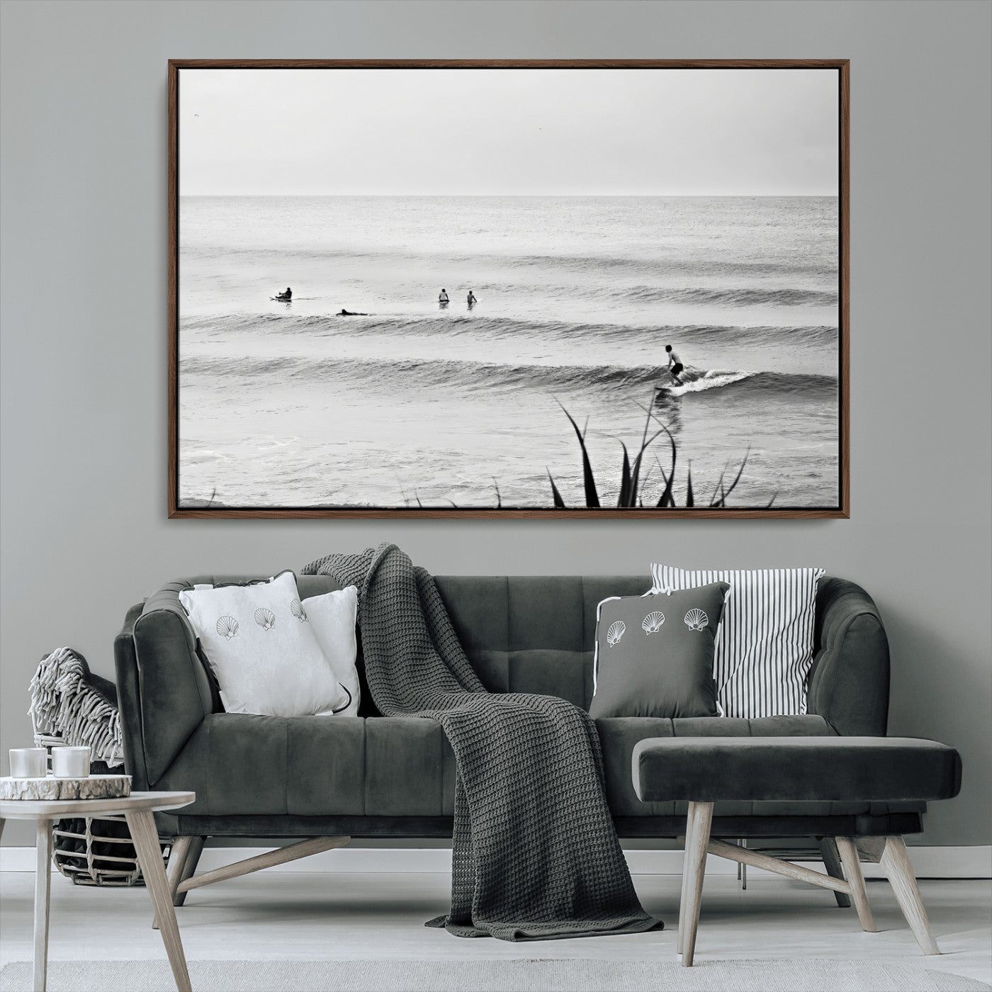33821421-MGV-CV-36X24-Surfer Silhouette Wall Art – Framed Calm Ocean Canvas Artwork, Monochrome Minimal Design, Modern Coastal Decor for Home, Office