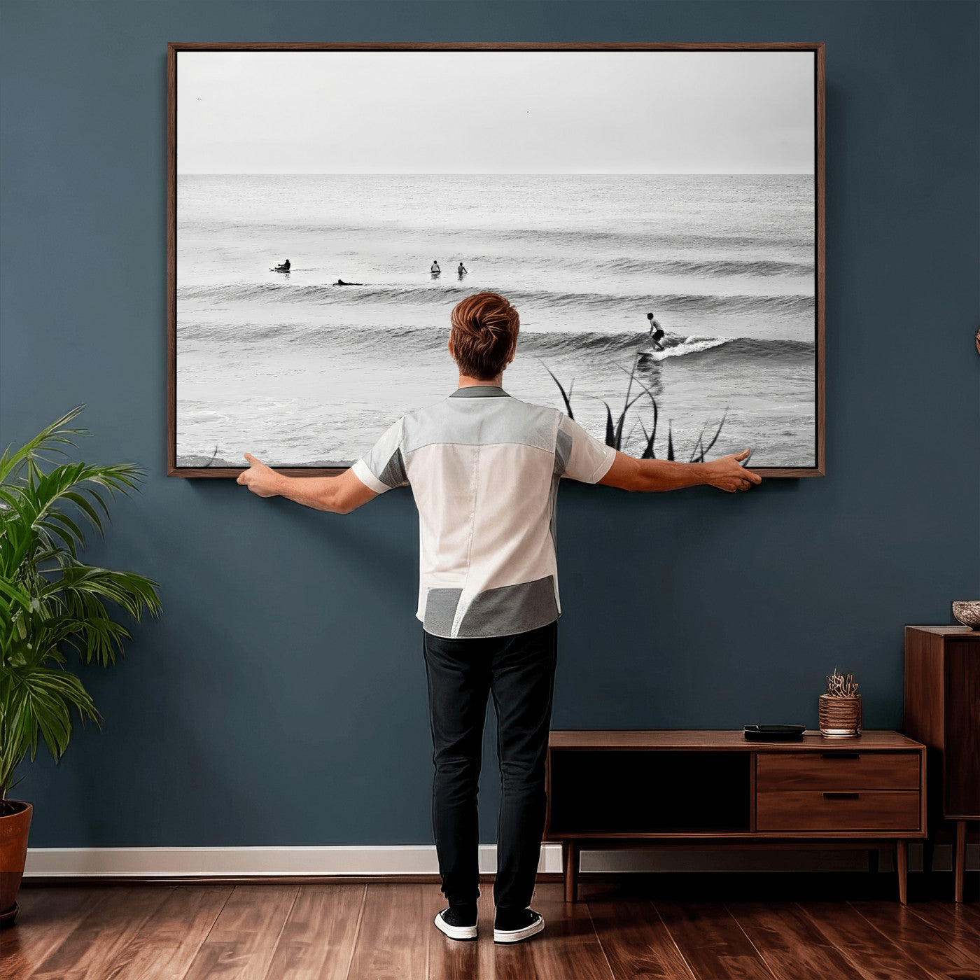 33821421-MGV-CV-36X24 - Surfer Silhouette Wall Art Canvas Print, Framed Calm Ocean Art Picture Print, Monochrome Surf Minimalist Coastal Decor Artwor