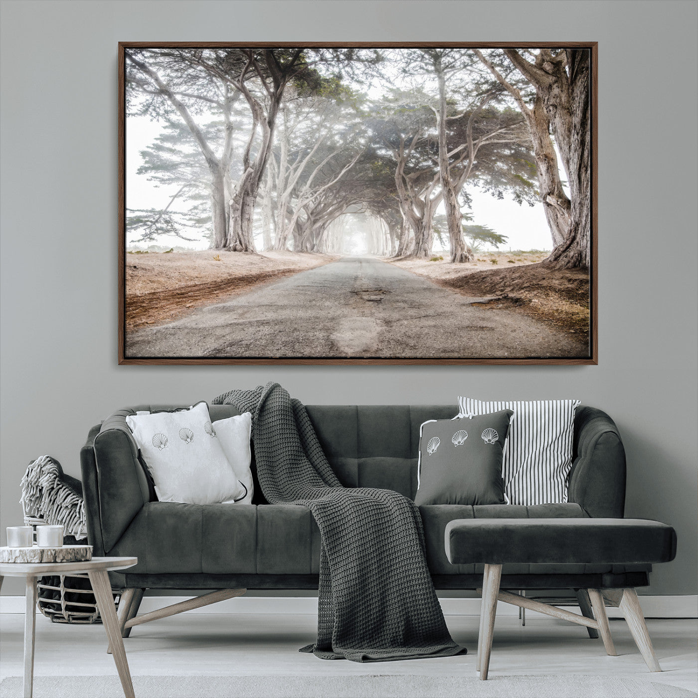 87090469-MGV-CV-36X24-Cypress Tunnel Wall Art – Framed Misty Road Canvas Artwork, Foggy Trees Design, Rustic Woodland Nature Decor for Home, Office