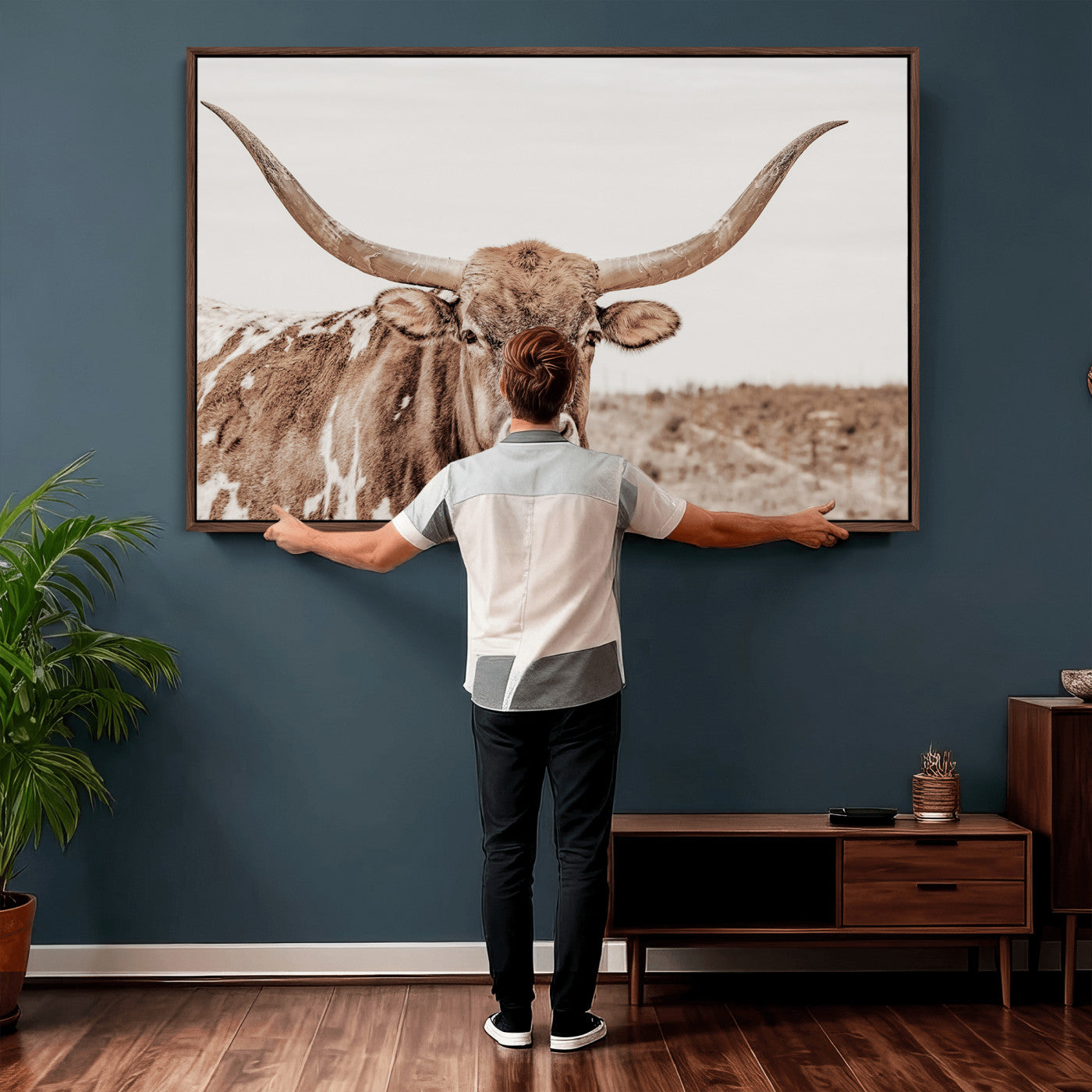 39964150-MGV-CV-36X24 - Longhorn Cow Wall Art Canvas Print, Texas Ranch Print, Framed Western Bull Art Print, Large BigHorn Cowboy Printing Perfect for County Decor