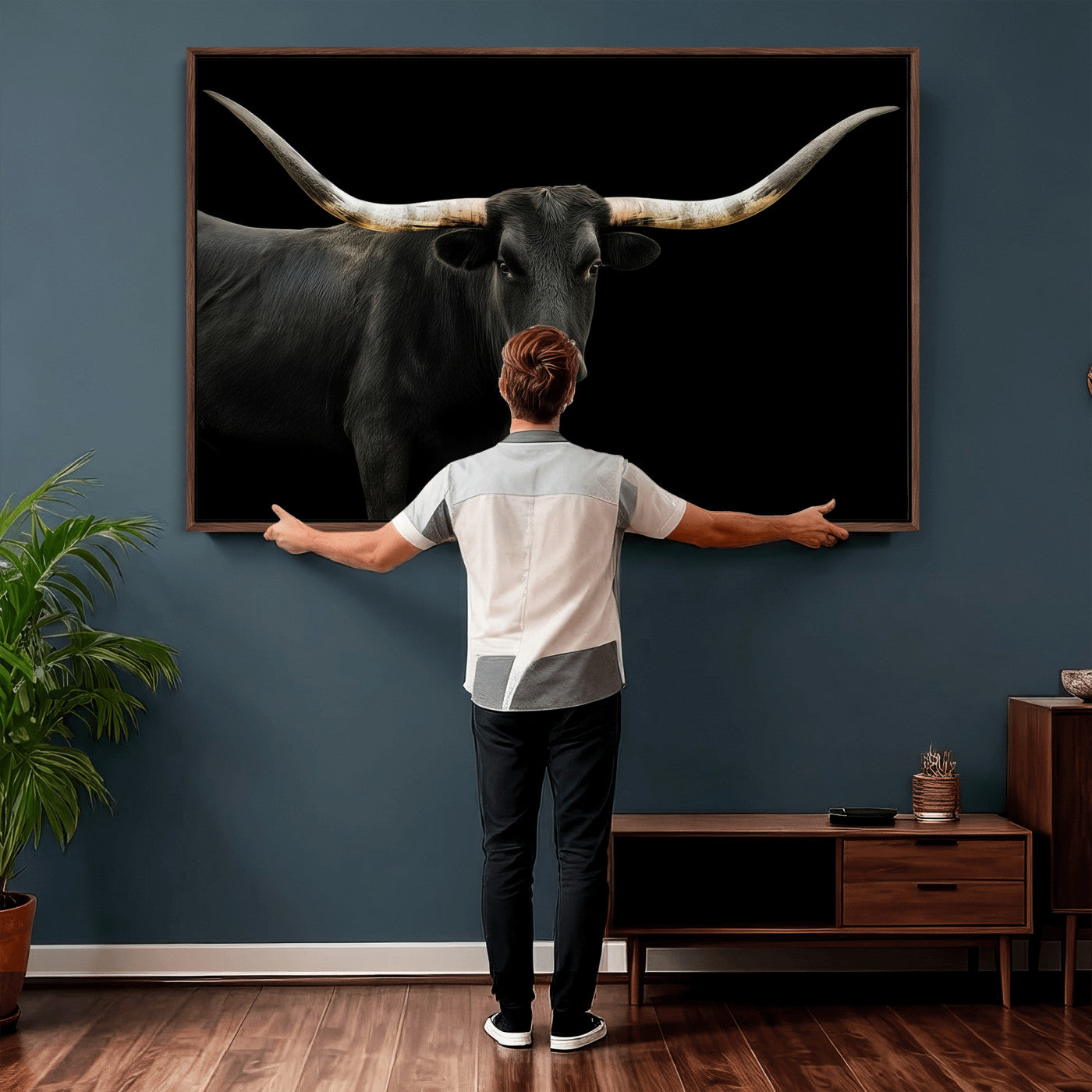 99448328-MGV-CV-36X24 - Longhorn Cattle Wall Art Canvas Print, Framed Texas Black Bull Art Picture Print, Western Cow Perfect Farmhouse Decor Artwork