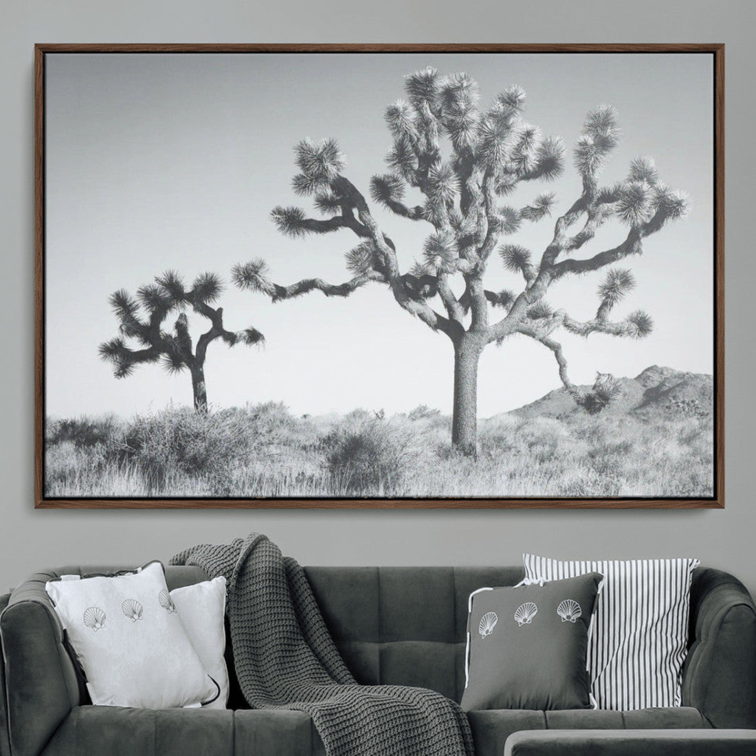 Joshua Tree Wall Art Canvas Print, Framed Black and White Desert Landscape Artwork