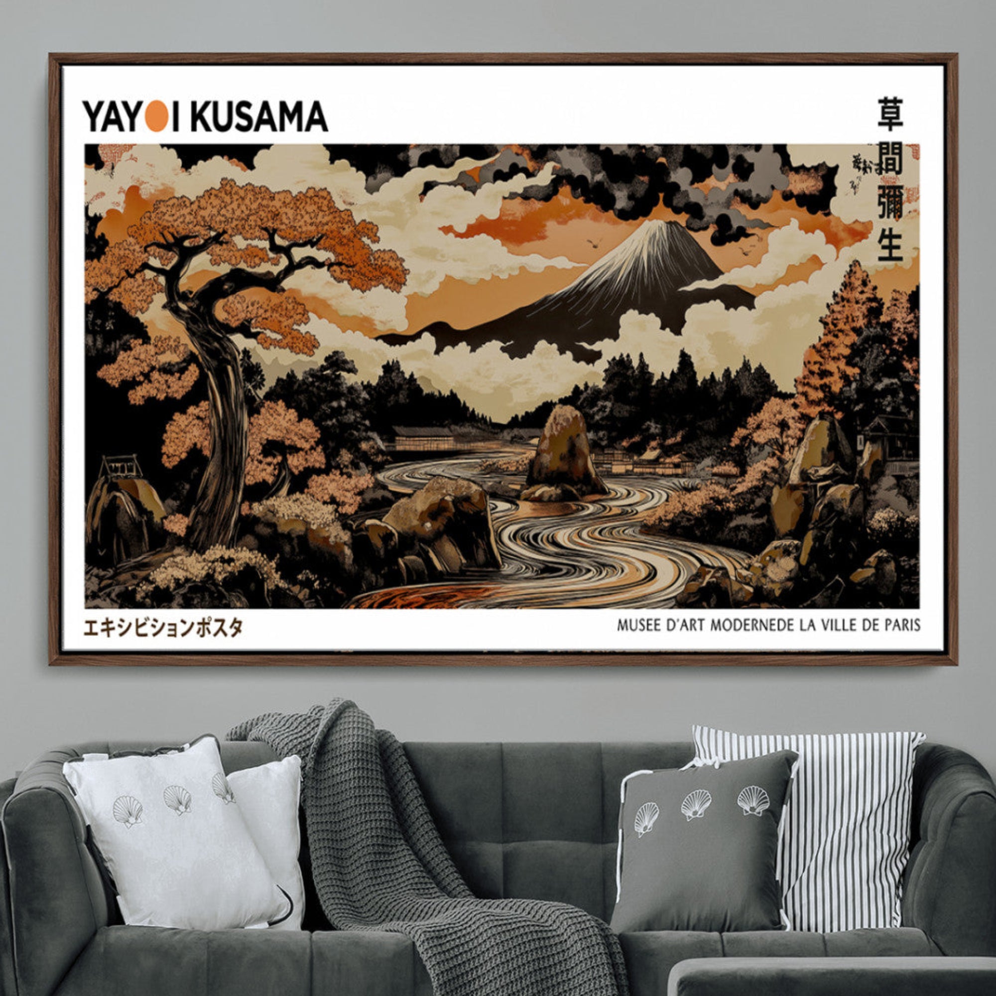 96372548-MGV-CV-36X24-Modern Japanese Wall Art Canvas Print – Framed Abstract Mount Fuji Scene with Yayoi Kusama Style Artwork for Home, Office