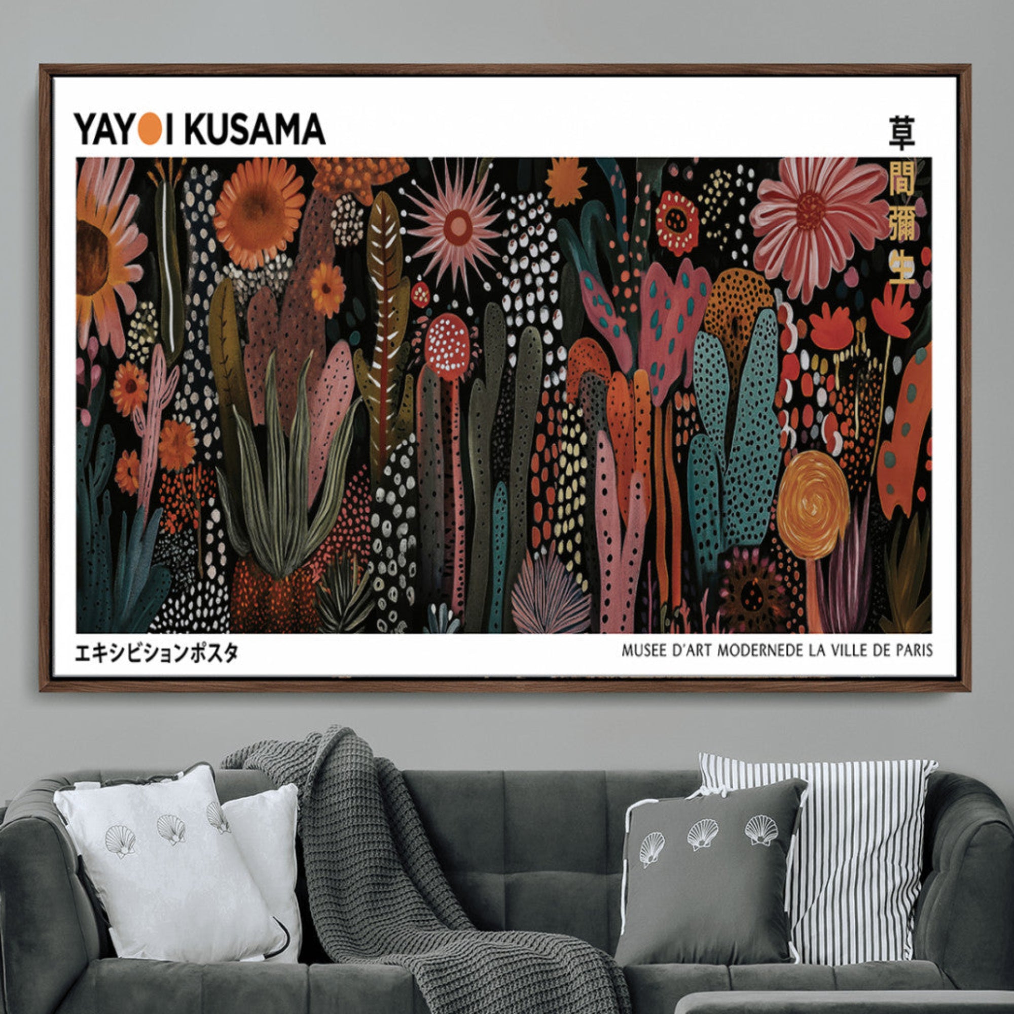70632622-MGV-CV-36X24-Modern Japanese Wall Art Canvas Print – Framed Abstract Mount Fuji Scene with Yayoi Kusama Artwork for Home, Office