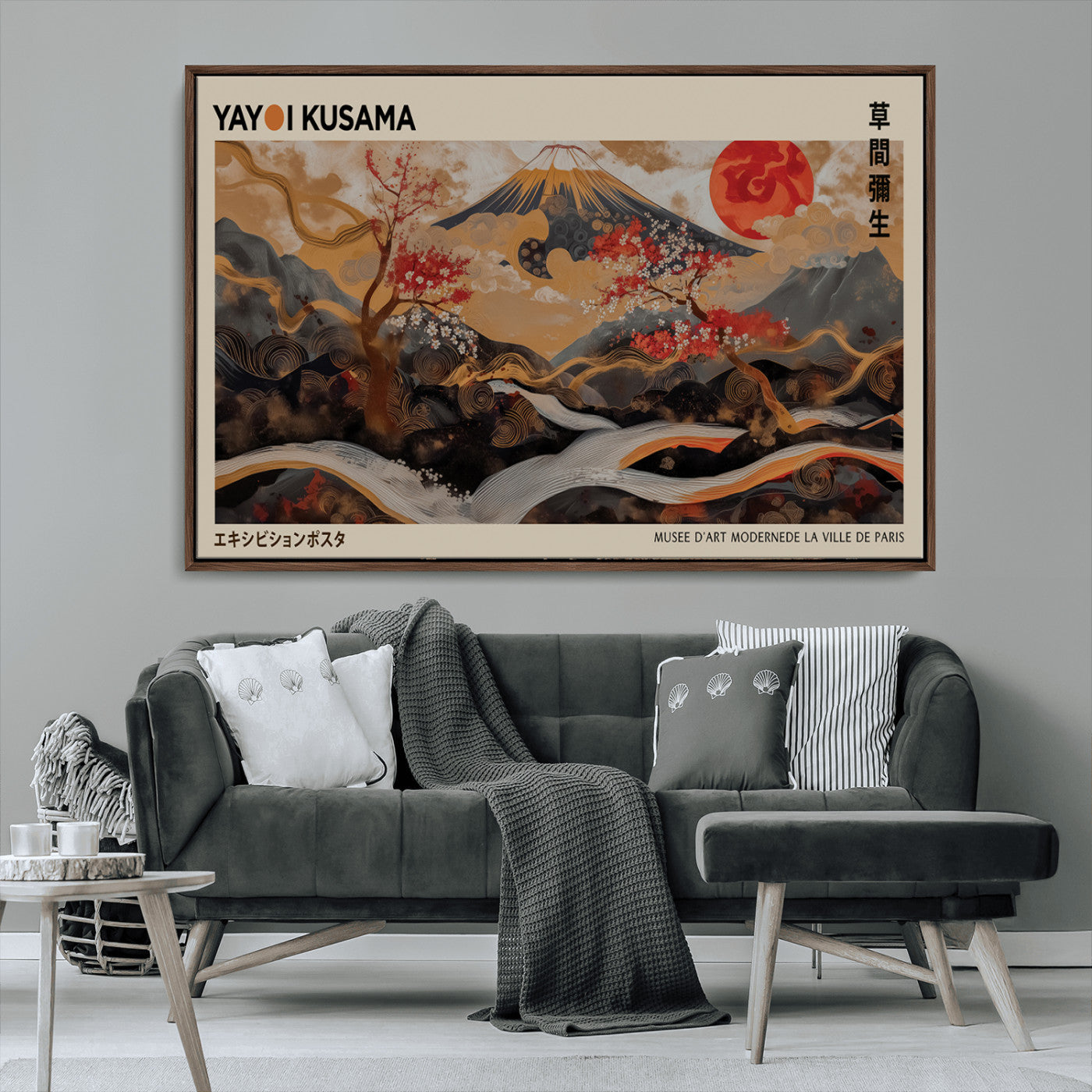 77970791-MGV-CV-36X24-Modern Japanese Wall Art Canvas Print – Framed Abstract Mount Fuji Scene with Yayoi Kusama Artwork for Home, Office