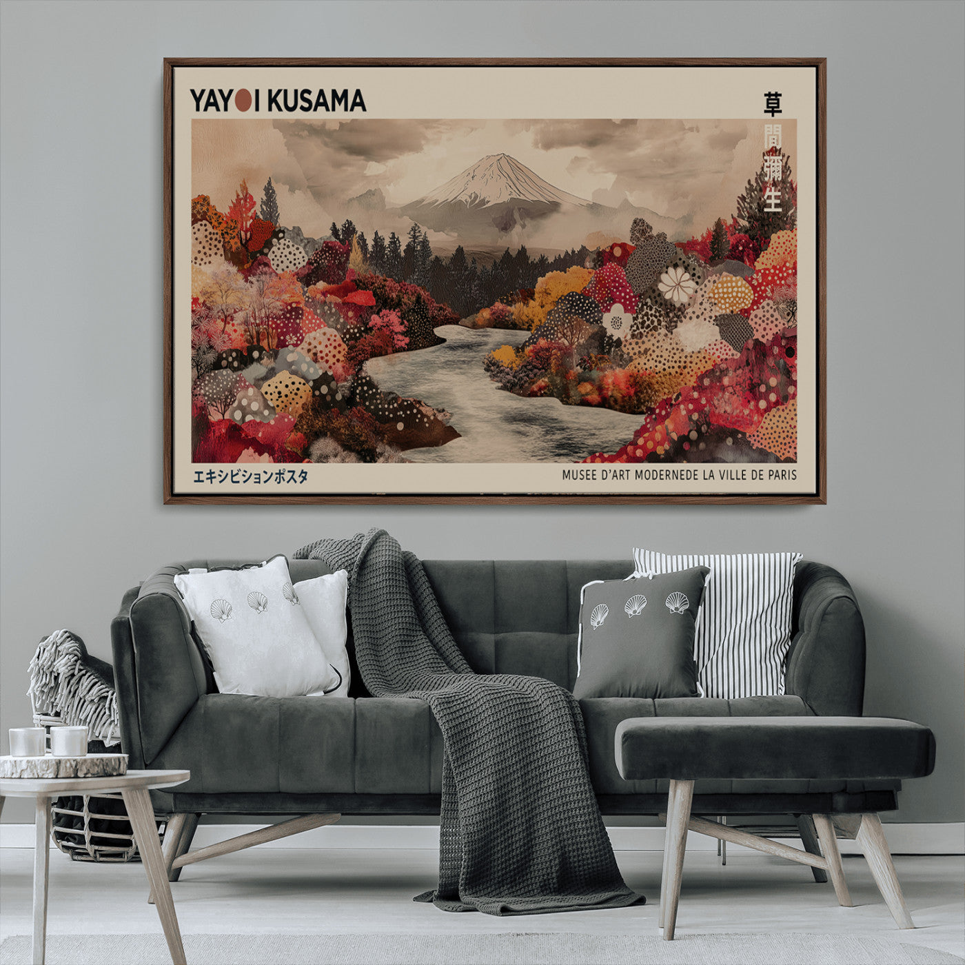 90660838-MGV-CV-36X24-Modern Japanese Wall Art Canvas Print – Framed Abstract Mount Fuji Scene with Yayoi Kusama Artwork for Home, Office