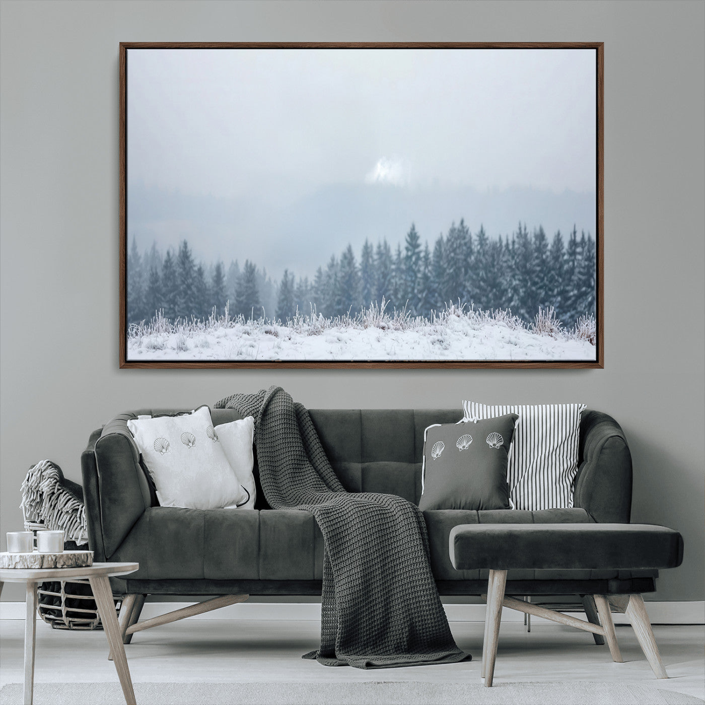33033082-MGV-FC-36X24_Walnut-Winter Forest Wall Art Canvas Print – Framed Snowy Landscape Art Picture Misty Tree Scene Artwork for Home Office