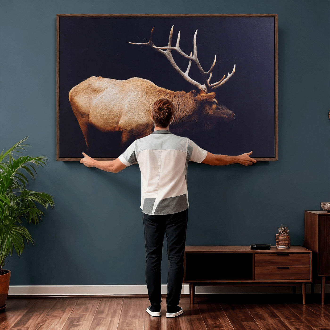 89239257-MGV-CV-36X24 - Rustic Elk Wall Art Canvas Print – Framed Moody Wildlife Art Picture Western Animal Artwork for Home, Office Decor