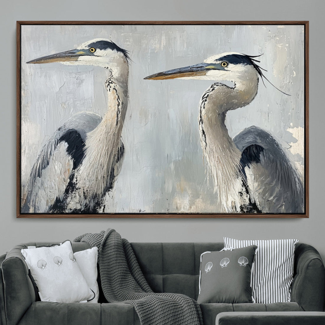 Blue Heron Wall Art Canvas Print, Framed Coastal Bird Pair Minimalist Wildlife Artwork