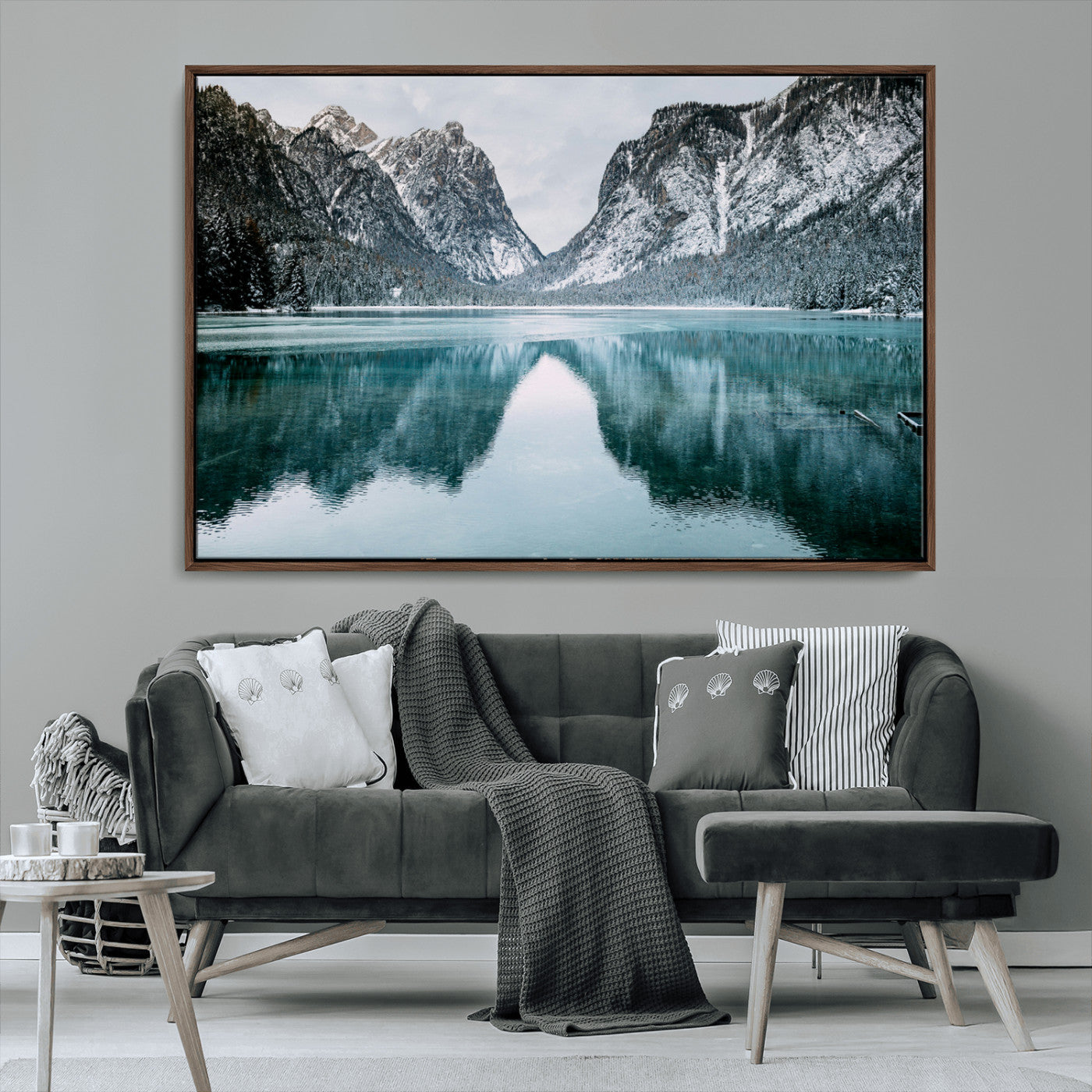73098373-MGV-CV-36X24-Mountain Lake Wall Art Canvas Print – Framed Snowy Peaks Wonderland Nature Scene Artwork for Home Office