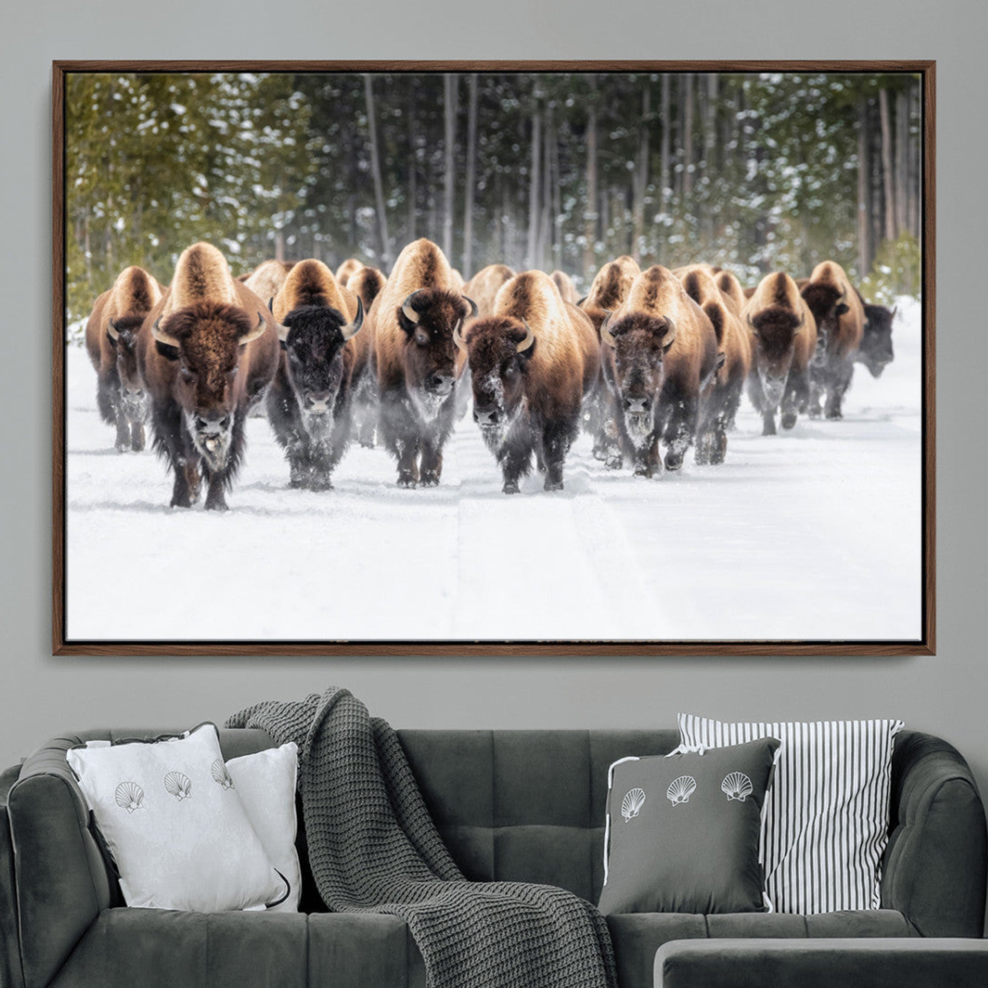 96906195-MGV-CV-36X24-American Bison Herd Wall Art Canvas Print – Powerful Winter Wildlife Scene with Buffalo Artwork for Home, Office