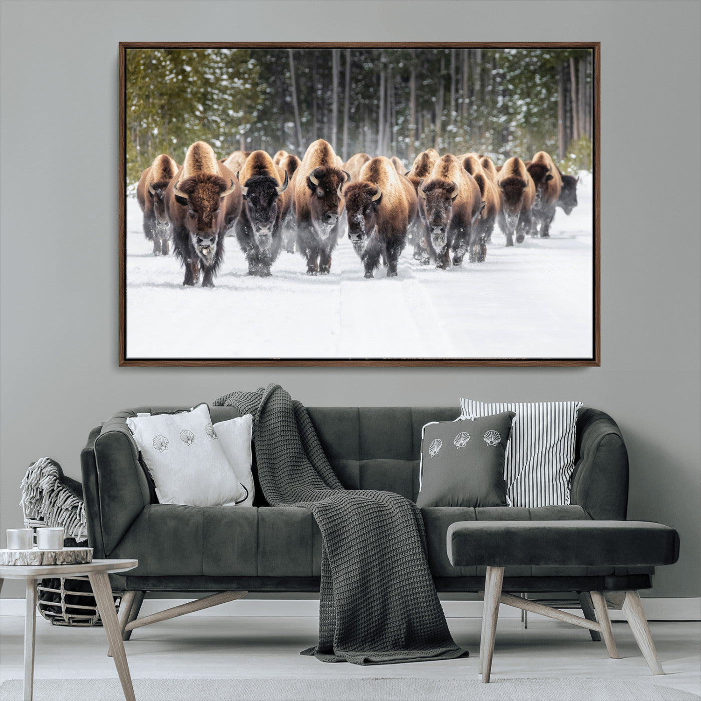 96906195-MGV-FC-36X24 - American Bison Herd Snow Canvas Wall Art – Powerful Winter Wildlife Print of Buffalo Motion, Rustic Lodge or Western Cabin Decor for Living Room, Office