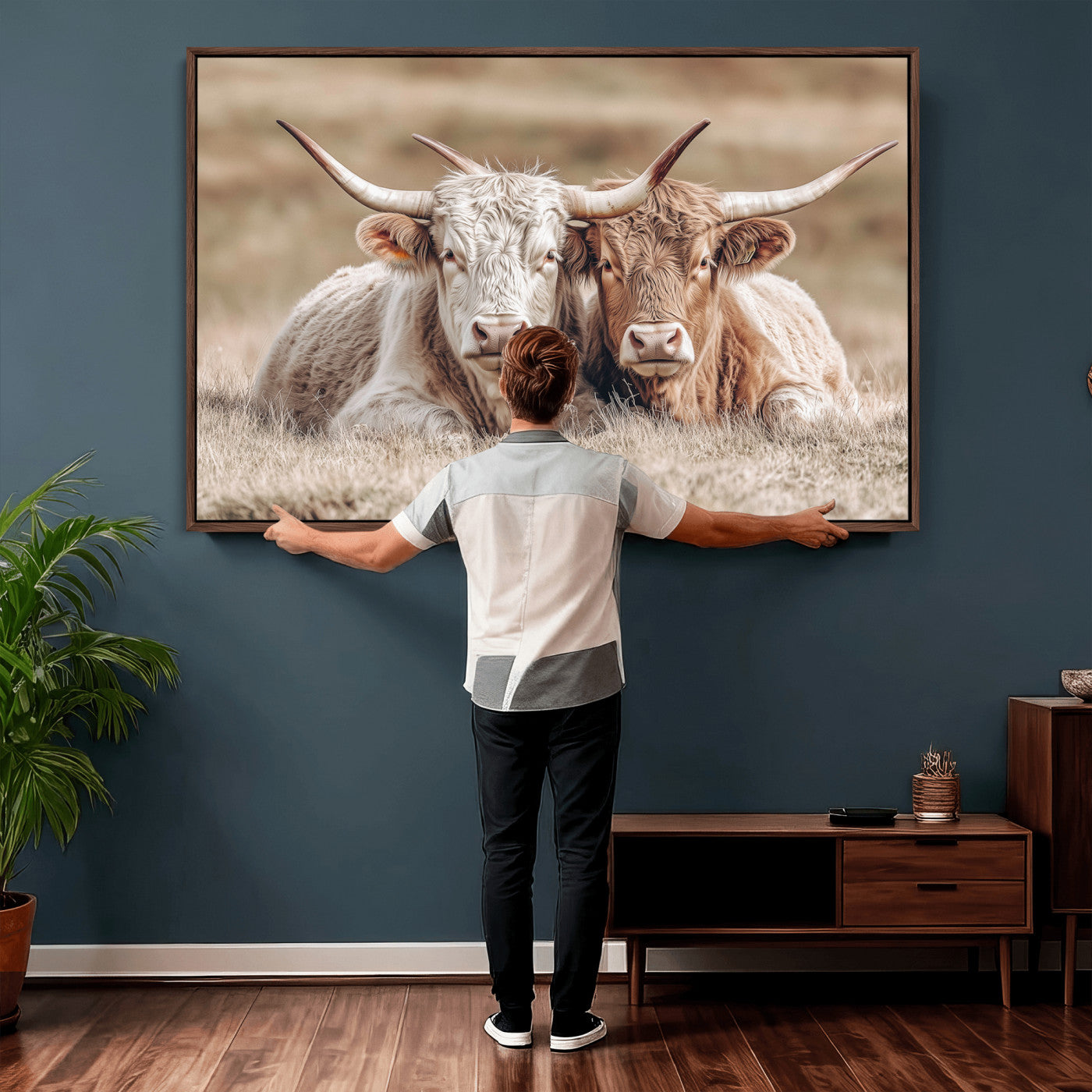 38651722-MGV-CV-36X24 - Highland Cows Meadow Canvas Wall Art – Peaceful Cow Photography Print, Rustic Farmhouse Animal Decor for Country Home, Living Room, Office