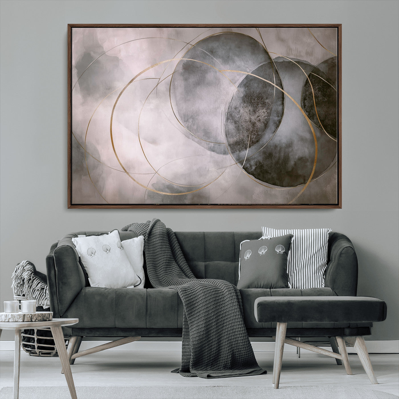 20066876-MGV-CV-36X24-Abstract Grey Gold Circle Wall Art – Modern Geometric Canvas Artwork, Minimal Elegant Design, Luxury Wall Decor for Home, Office