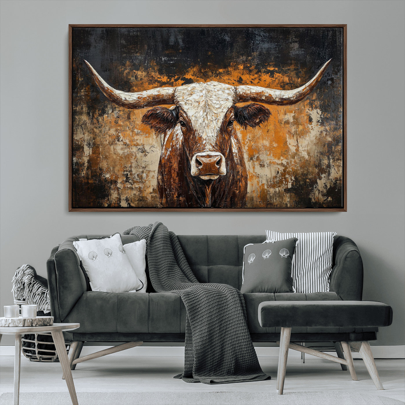 25265572-MGV-CV-36X24-Rustic Longhorn Bull Wall Art Canvas Print – Vintage Western Cattle Scene, Texas Steer Artwork for Home, Office
