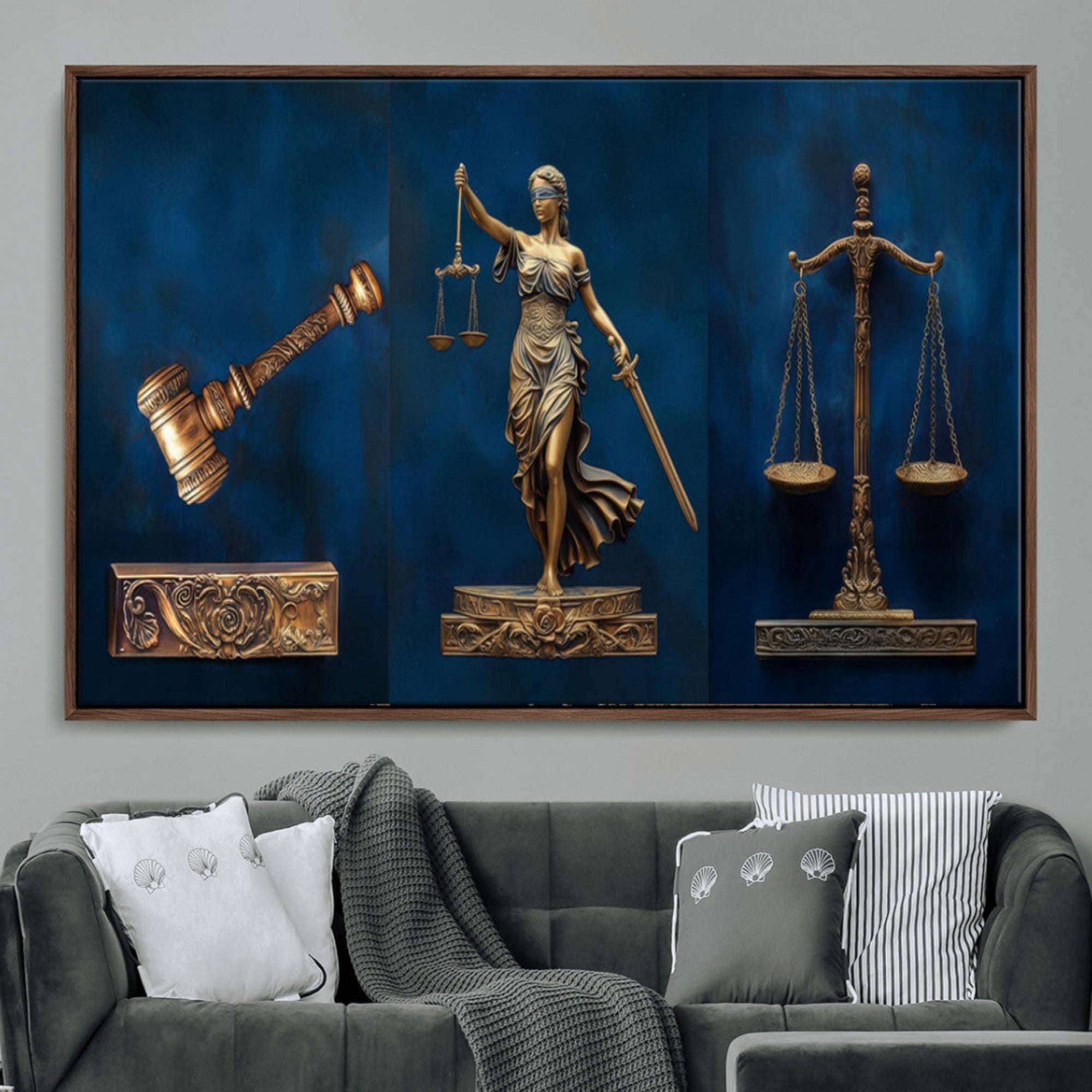 -Lady Justice Wall Art Canvas Print – Elegant Gold Legal Symbols Blue Background Artwork for Home, Office, Living Room