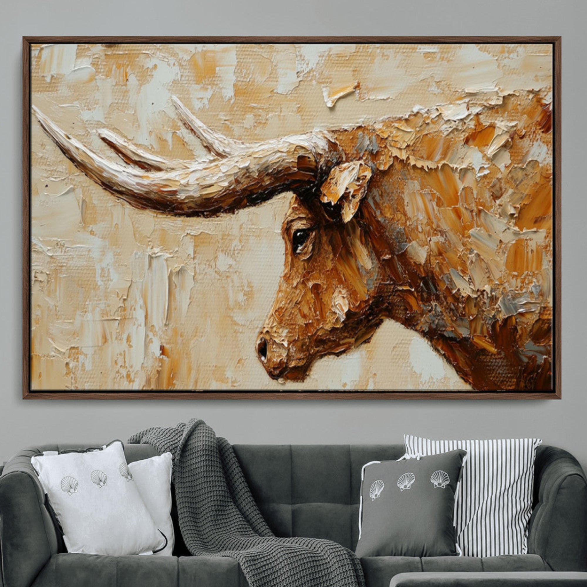 69611428-MGV-CV-36X24-Rustic Longhorn Bull Wall Art Canvas Print – Vintage Western Cattle Texas Steer Scene Artwork for home, office