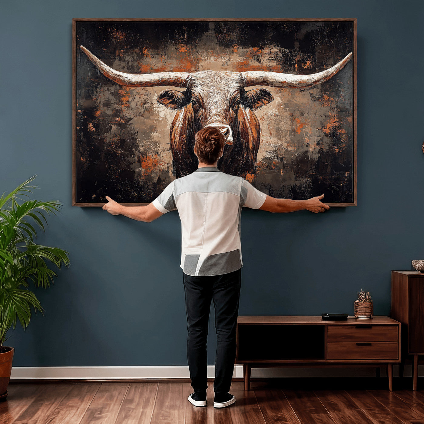 24779067-MGV-CV-36X24 - Rustic Longhorn Bull Wall Art Canvas Print – Vintage Western Cattle Painting, Texas Steer Artwork