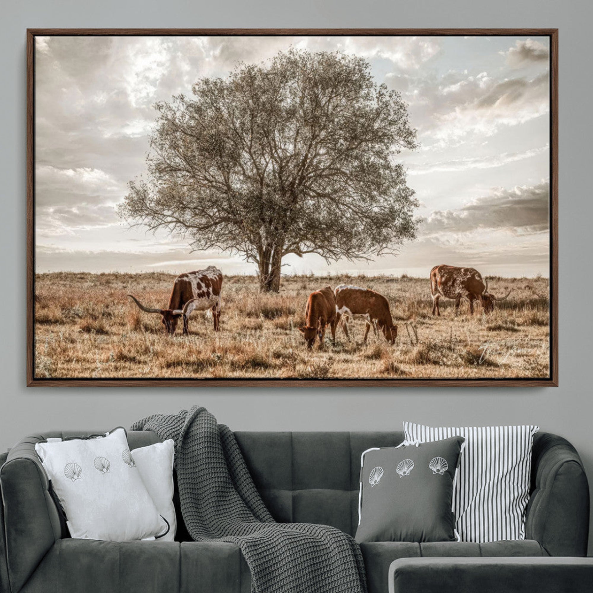 Texas Longhorn Cattle Wall Art Canvas Print – Rustic Western Ranch Scene with Steers at Sunset, Perfect for Farmhouse or Cowboy Decor