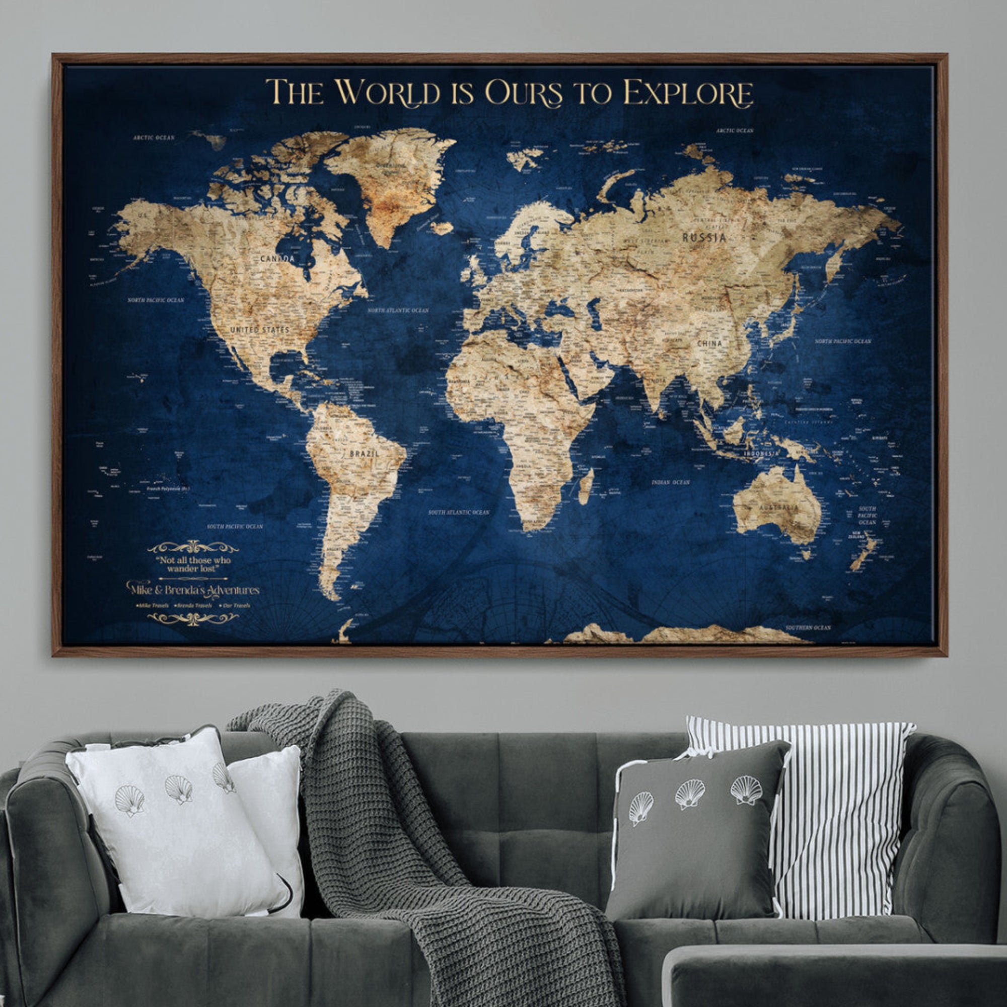 10181149-MGV-CV-36X24-Personalized World Map Wall Art – Custom Framed Push Pin Travel Tracker Canvas Print Unique Gift for Home, Office