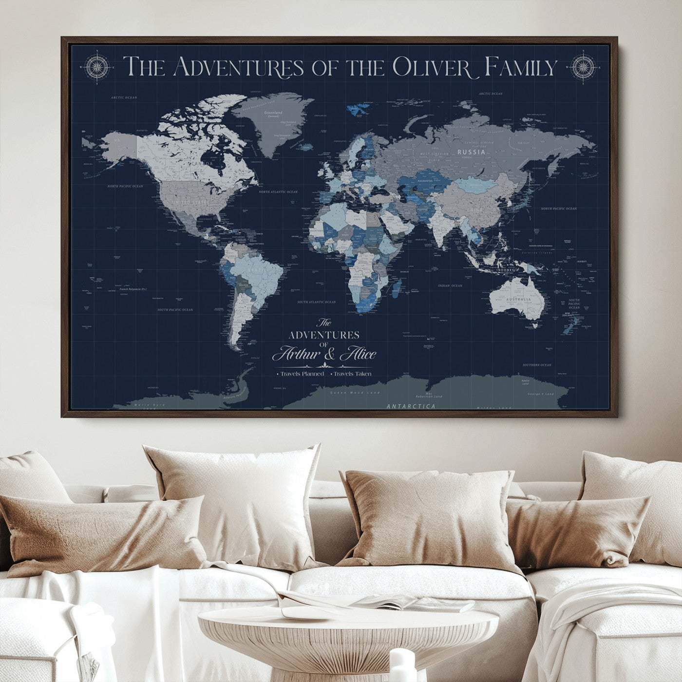 -Personalized Family Adventure World Map – Custom Framed Push Pin Travel Tracker Canvas, Elegant Wall Art for Home, Office