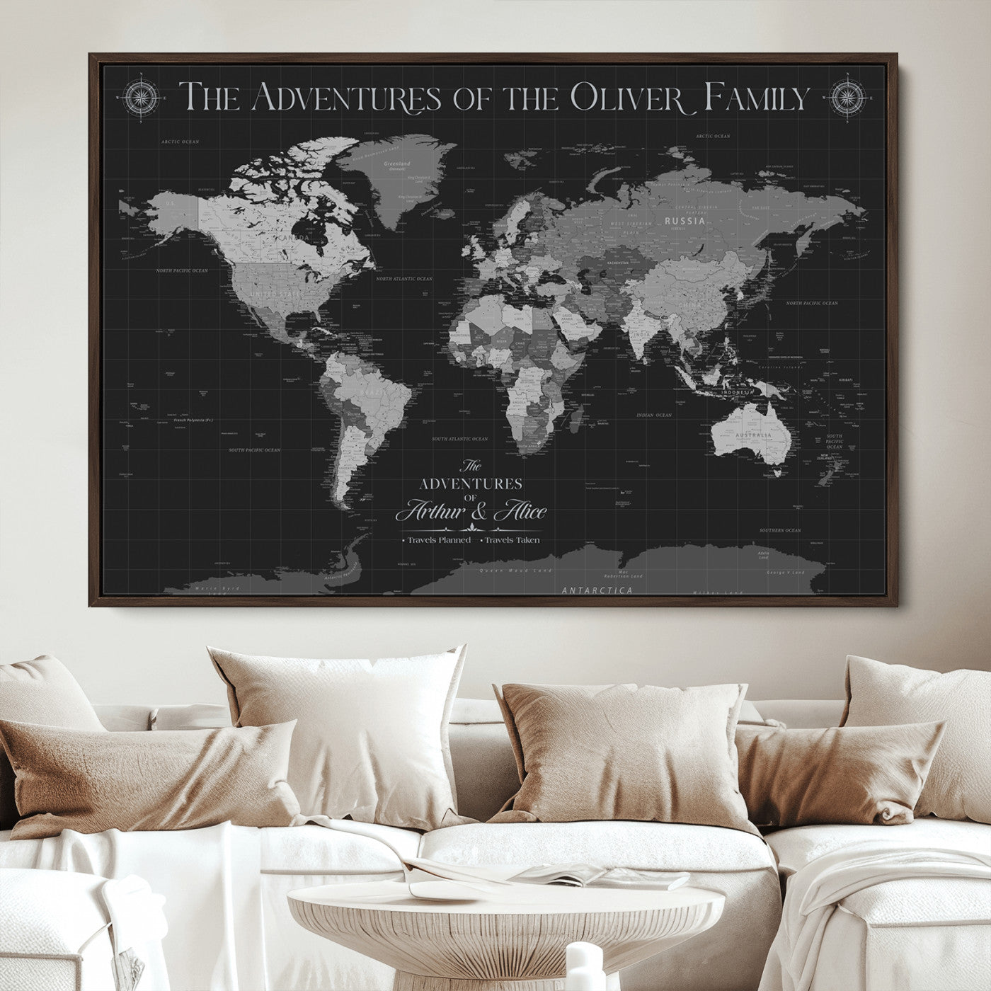 -Personalized Family World Map Canvas – Custom Framed Push Pin Travel Tracker, Modern Adventure Wall Art for Home, Office
