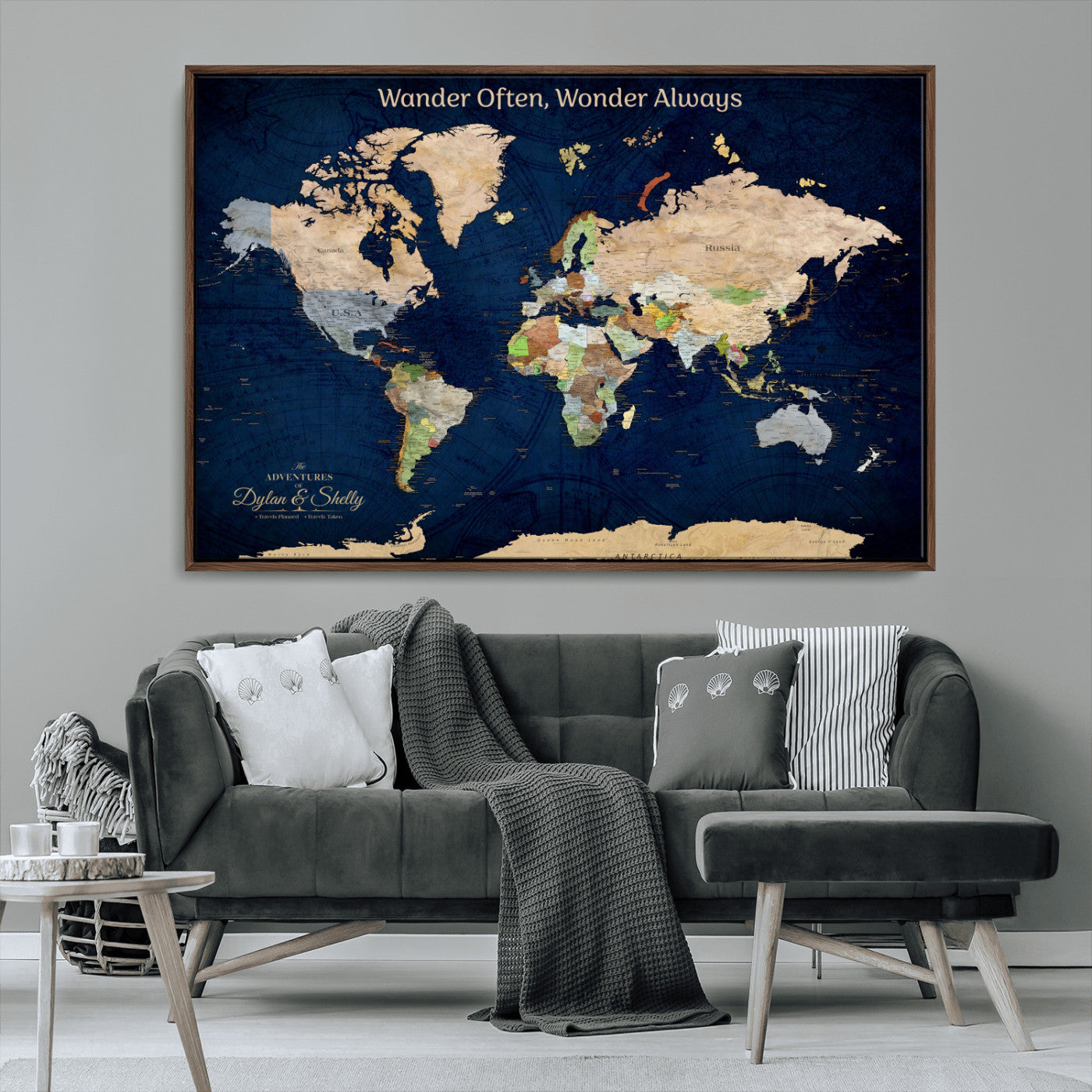 Rehber01-MGV-CV-36X24-Personalized World Map Canvas – Custom Framed Push Pin Travel Map Wall Art, Navy Blue Vintage Gift for Couples and Adventurers