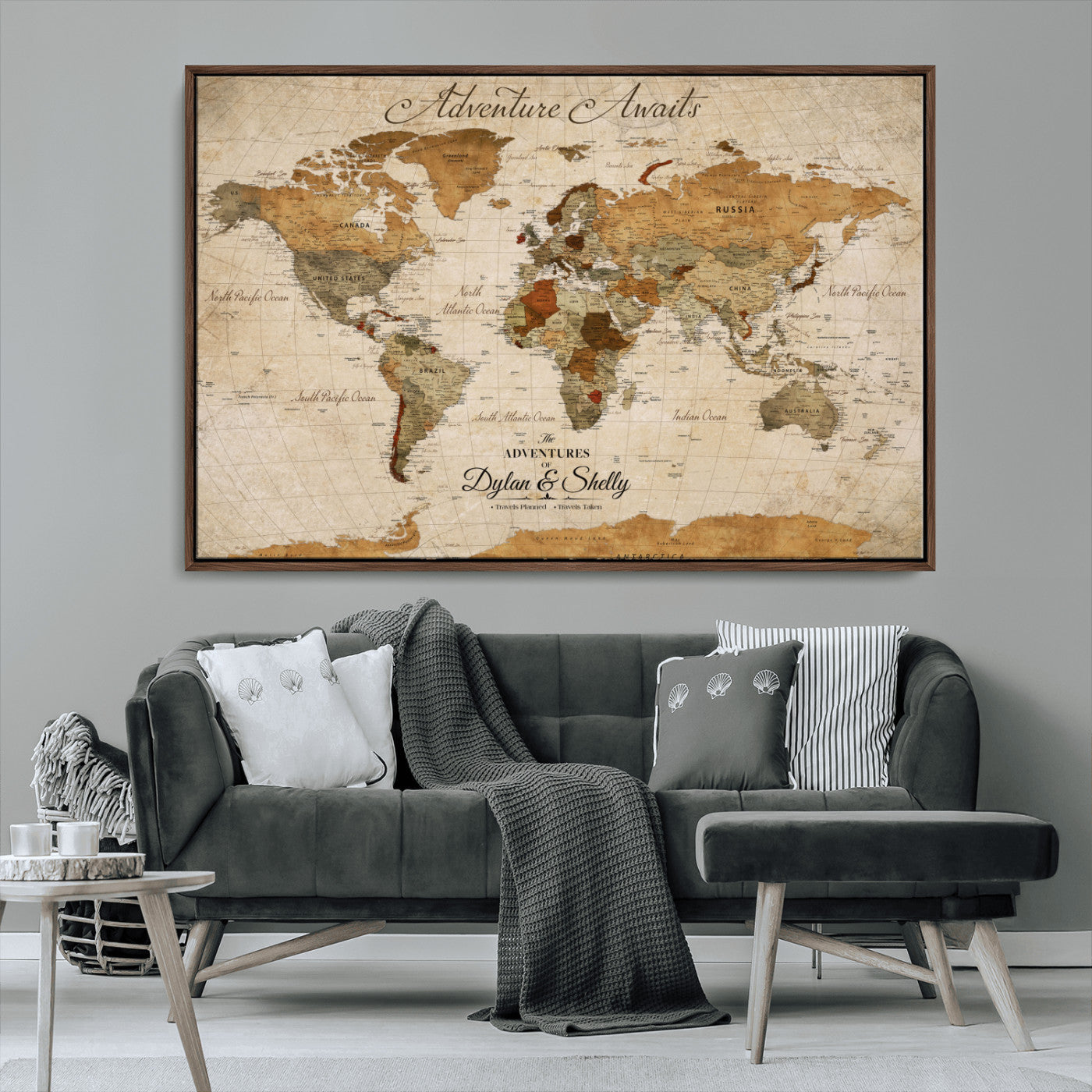 -Personalized Push Pin World Map Canvas Print – Custom Adventure Travel Map, Framed Wall Art Gift for Couples or Family