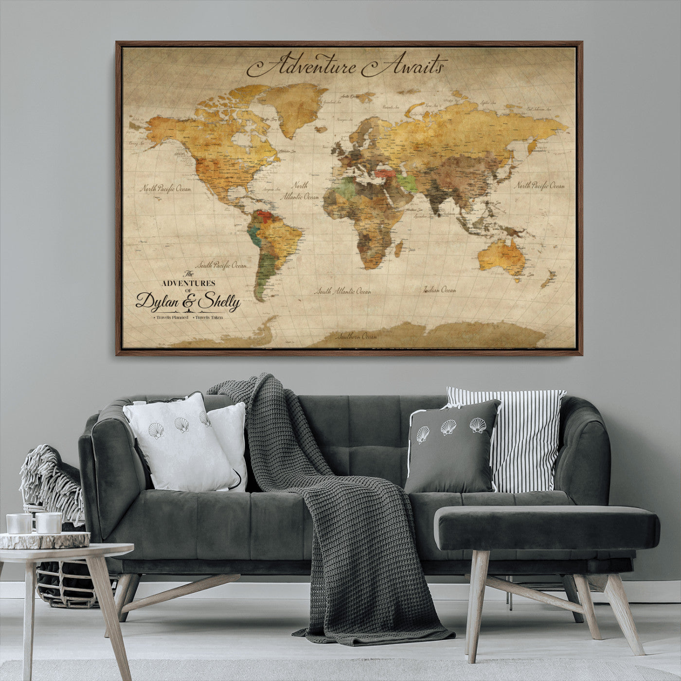 Rehber01-MGV-CV-36X24-Personalized World Map Canvas – Custom Framed Push Pin Travel Map Wall Art, Rustic Vintage Gift for Couples and Travel Lovers