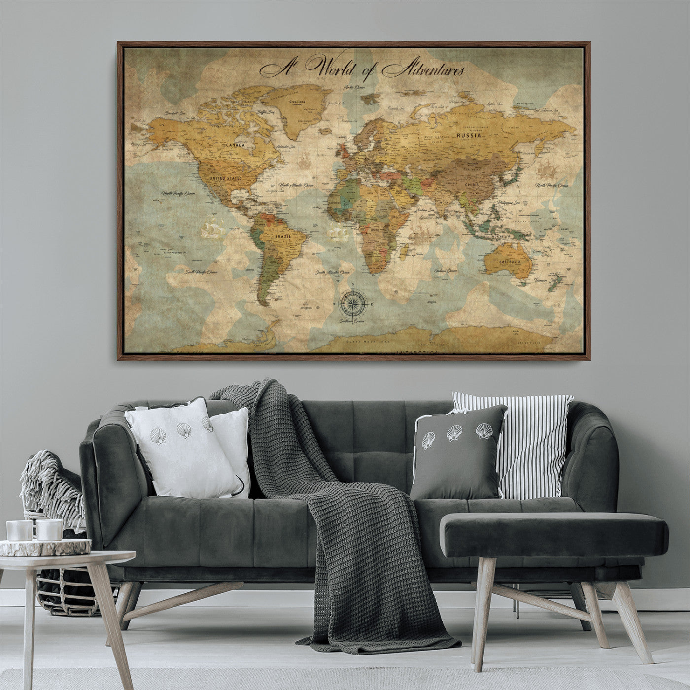 Rehber01-MGV-CV-36X24-Personalized World Map Canvas – Custom Framed Push Pin Travel Map Wall Art, Vintage Style Gift for Couples or Families
