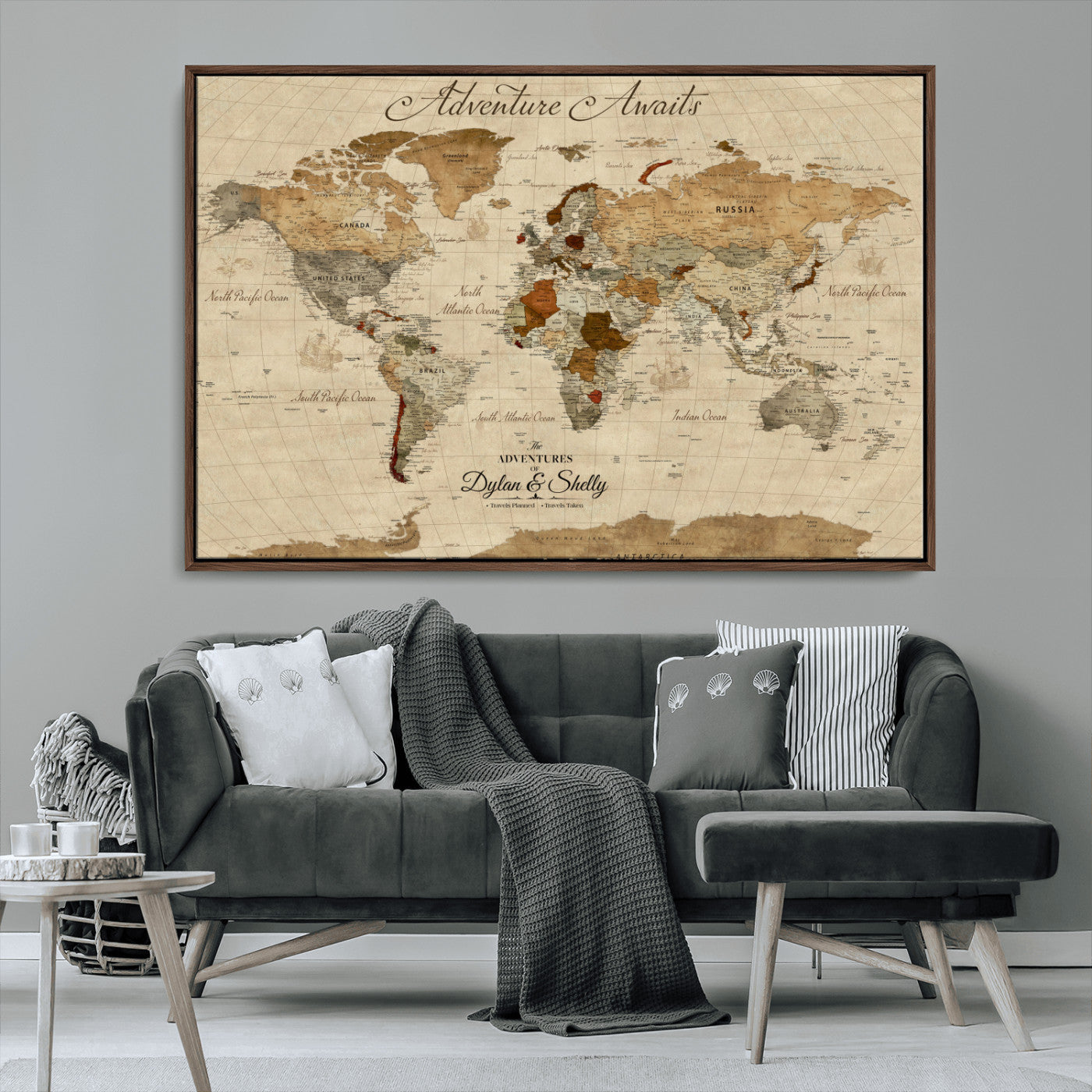 Rehber01-MGV-CV-36X24-Personalized World Map Canvas – Custom Framed Push Pin Travel Map Wall Art with Names, Vintage Style Gift for Couples